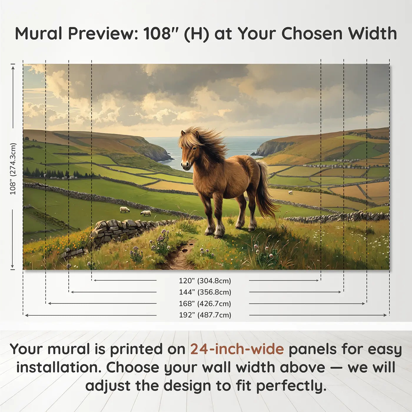 Panel layout and dimensions for Wild Mane Shetland Pony Hillside Wallpaper Mural by Whimsy Tots