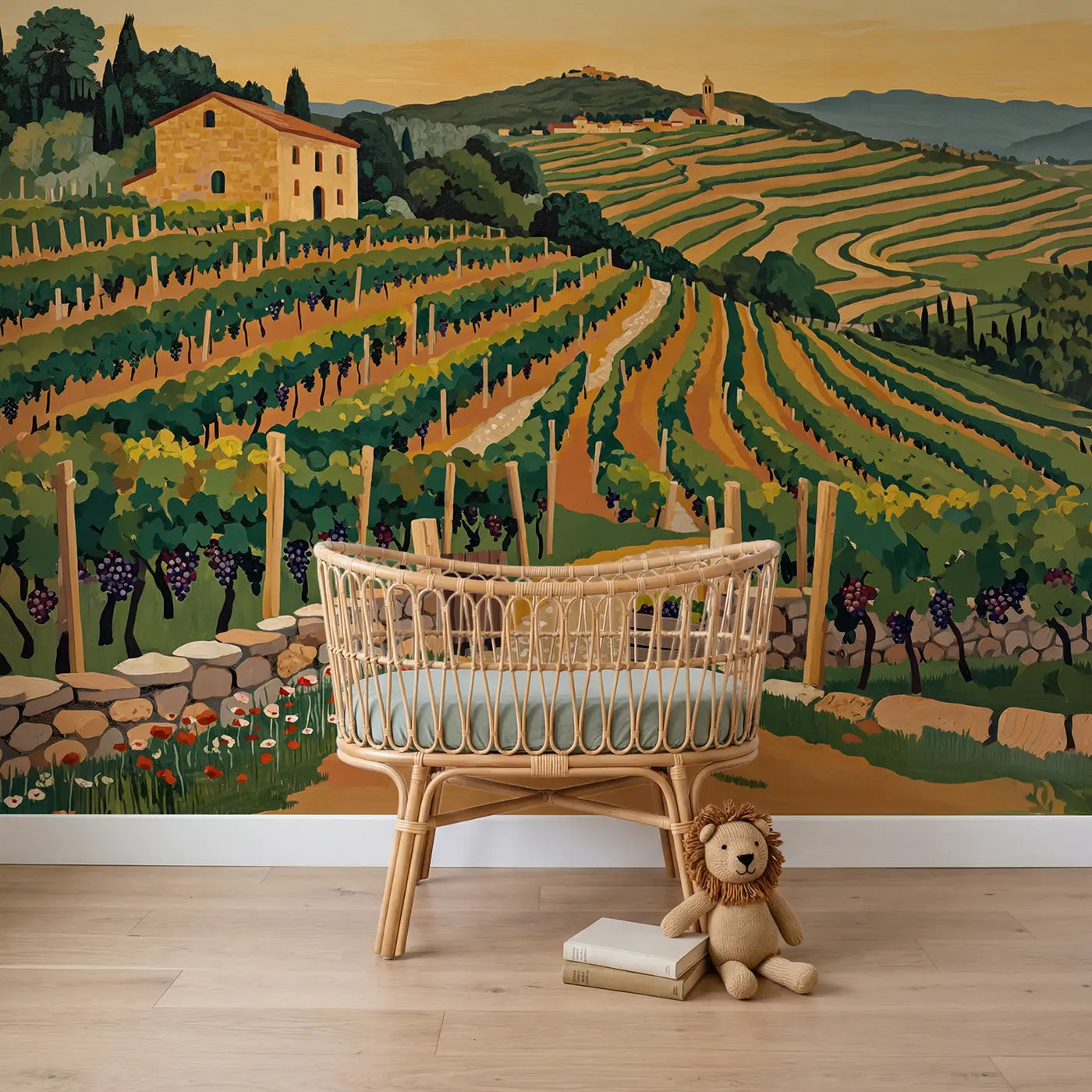 Modern illustration vineyard farmhouse countryside wallpaper mural for boys room by Whimsy Tots