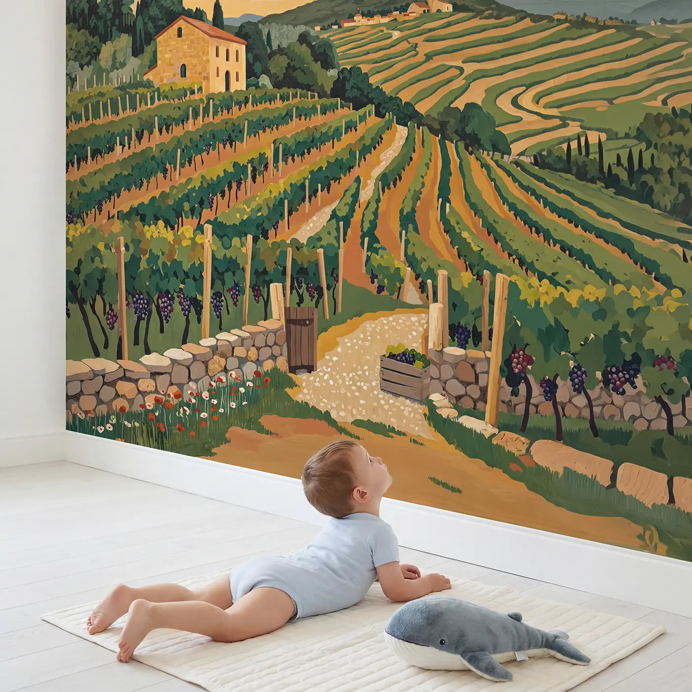 Child in nursery with Vineyard Terrace Farmhouse Wallpaper Mural by Whimsy Tots