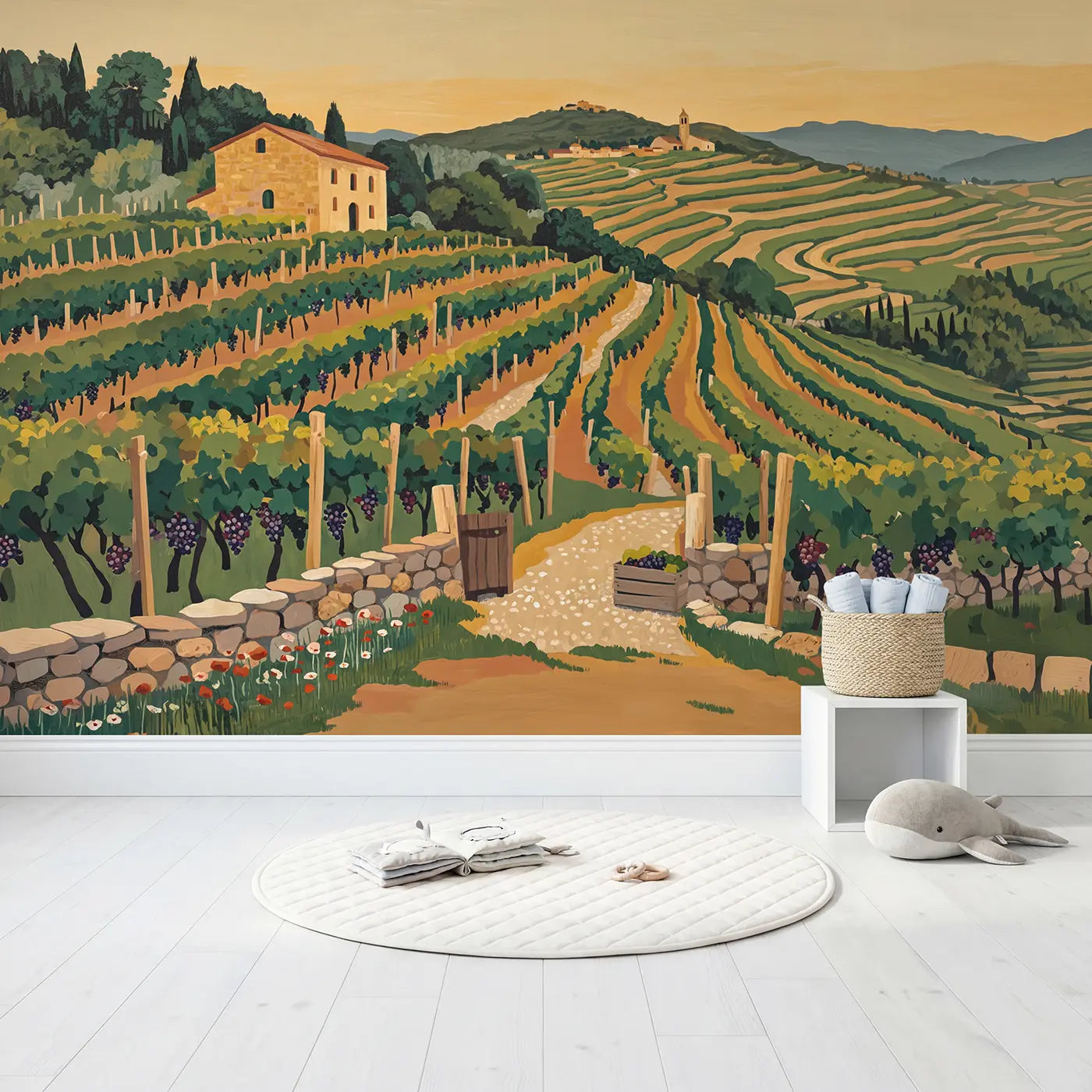 Vineyard Terrace Farmhouse Wallpaper Mural in playroom setting by Whimsy Tots