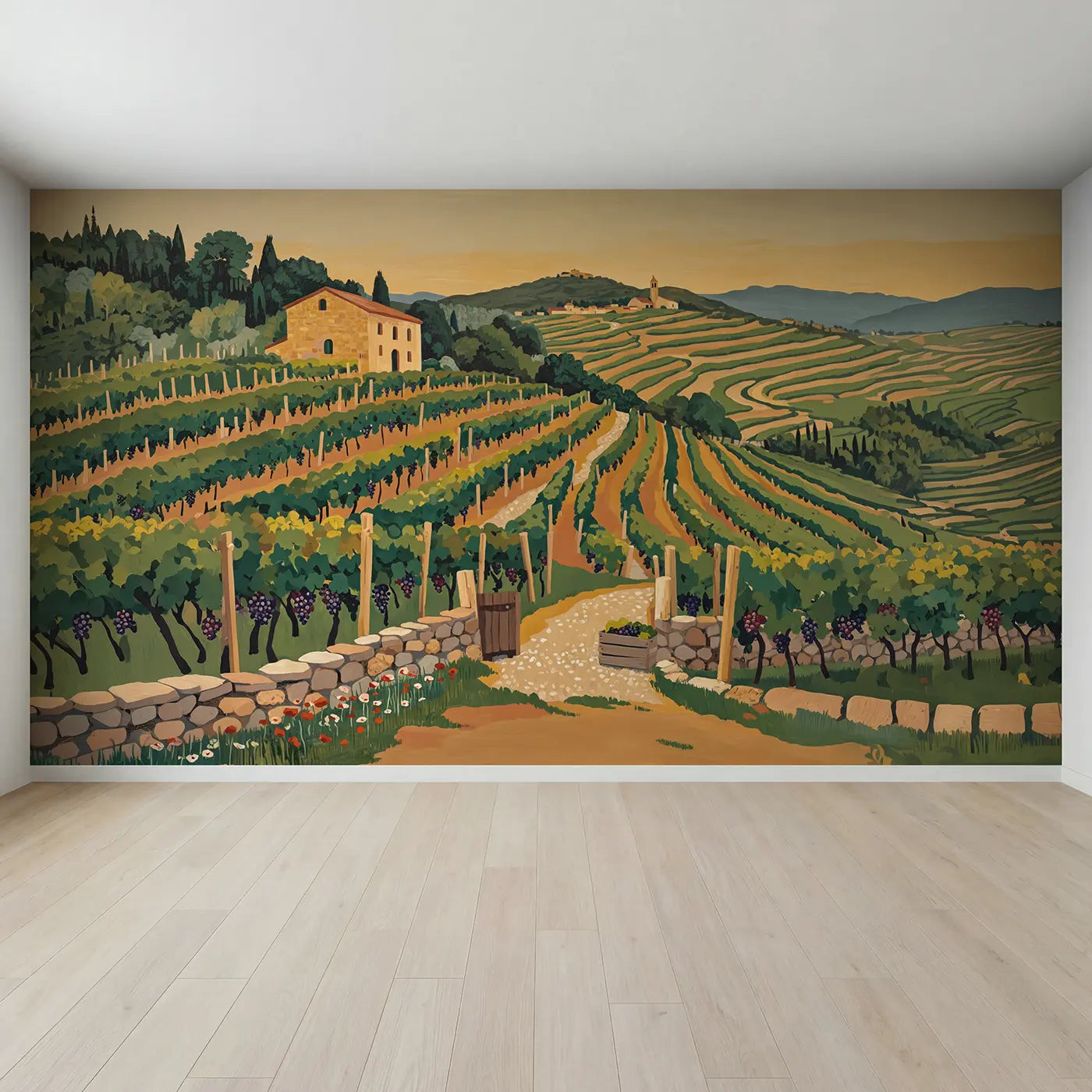 Full view of Vineyard Terrace Farmhouse Wallpaper Mural by Whimsy Tots