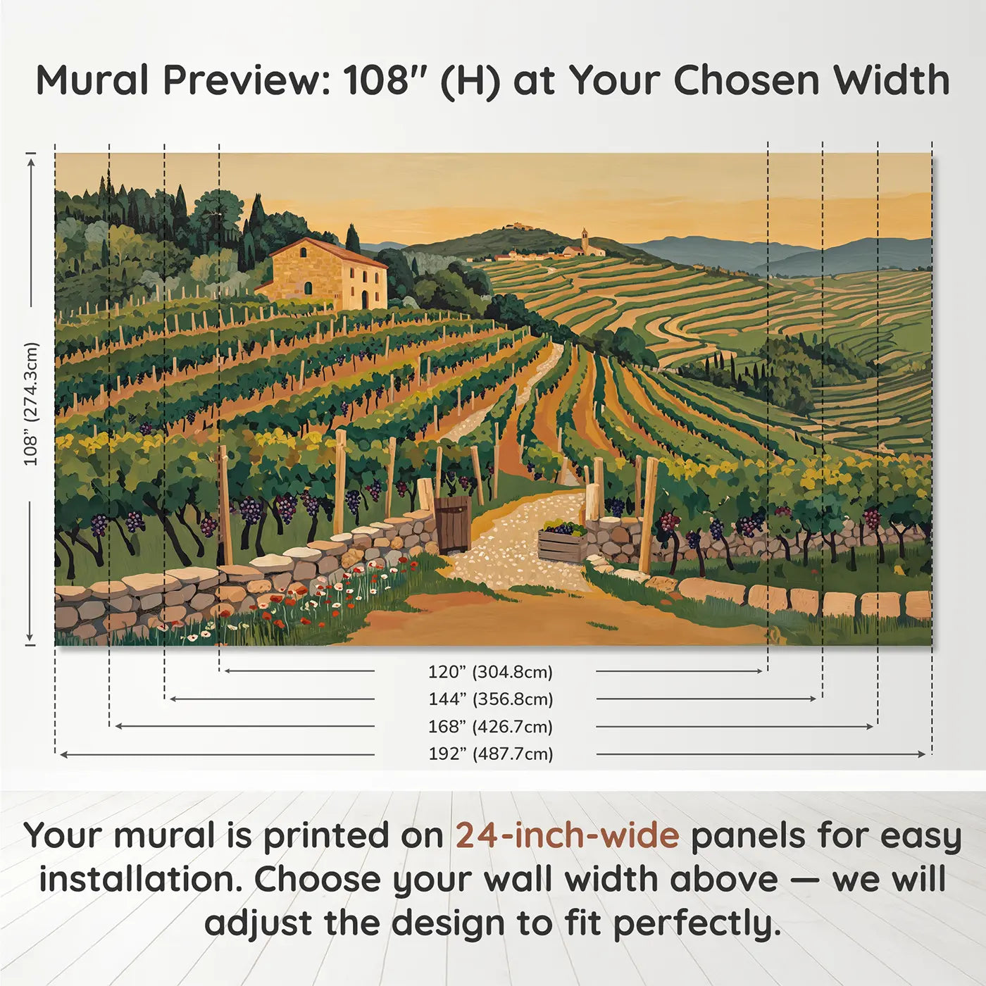 Panel layout and dimensions for Vineyard Terrace Farmhouse Wallpaper Mural by Whimsy Tots