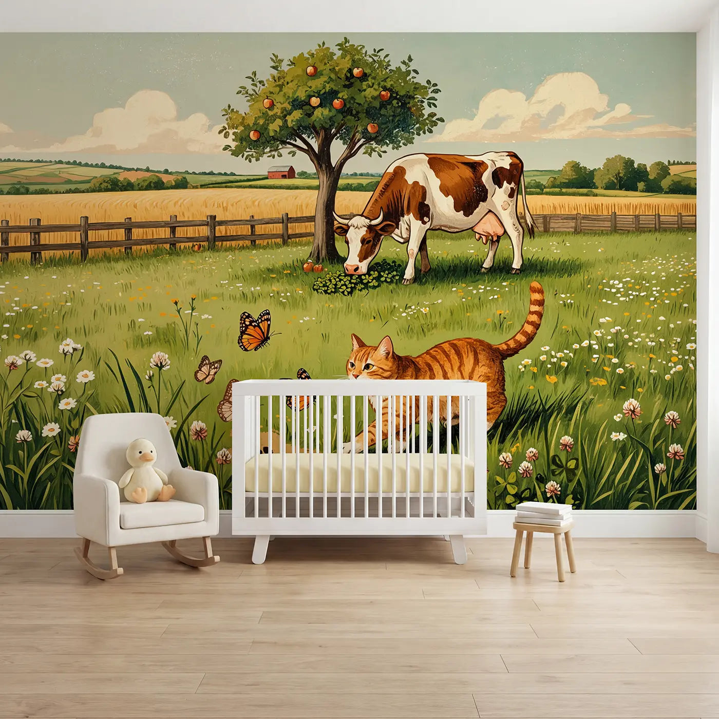 Block Print farm cat butterfly chase wallpaper mural for nursery by Whimsy Tots