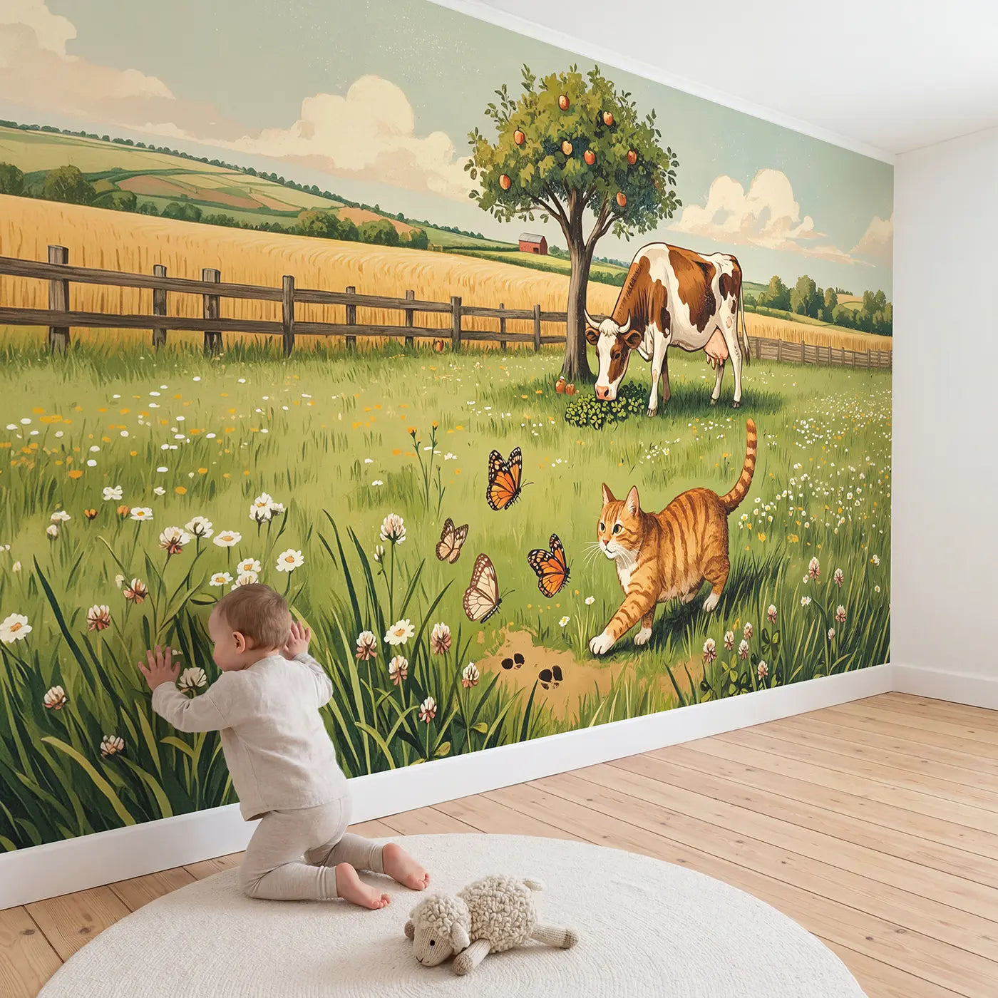 Child in nursery with Farm Cat Butterfly Chase Wallpaper Mural by Whimsy Tots