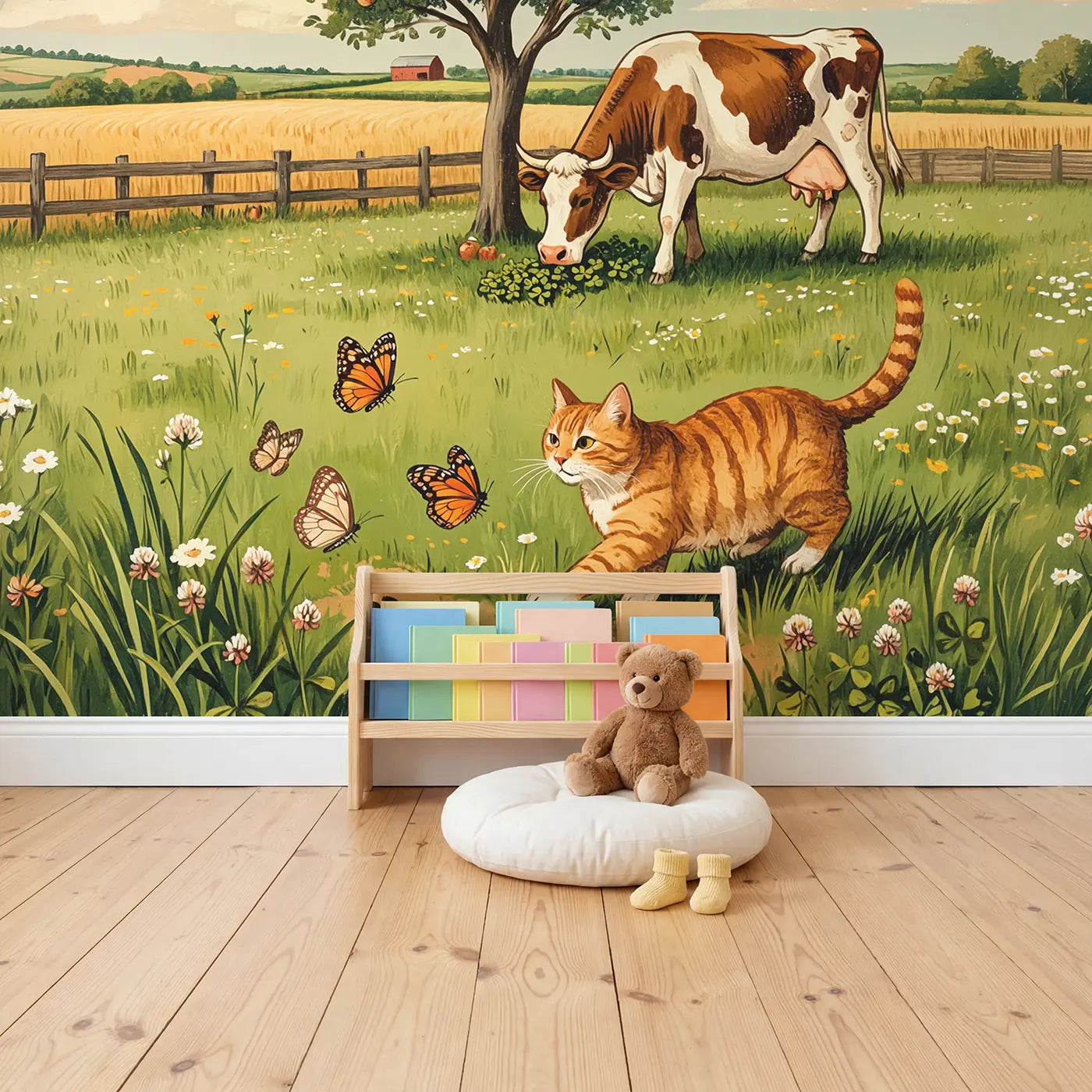 Farm Cat Butterfly Chase Wallpaper Mural in playroom setting by Whimsy Tots