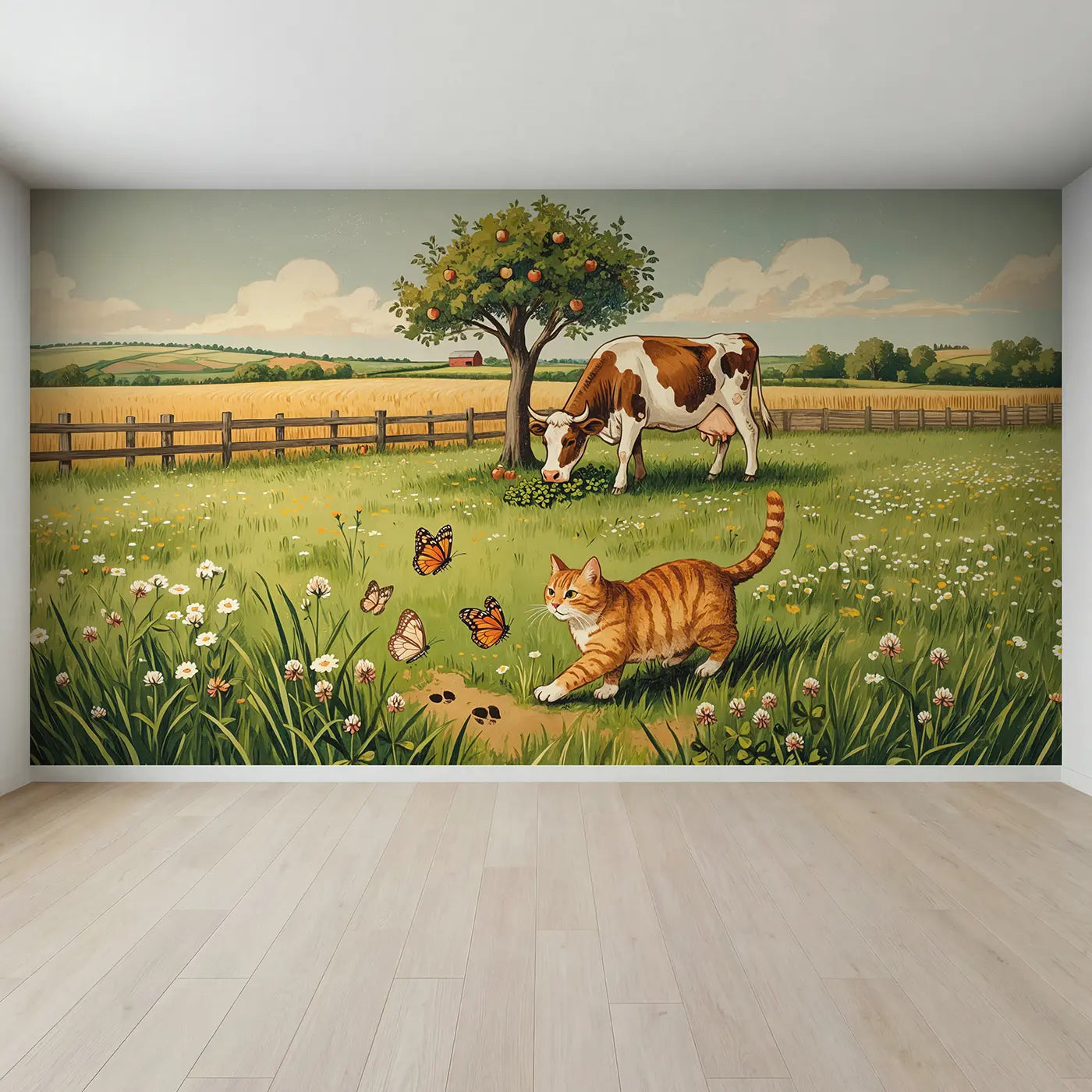 Full view of Farm Cat Butterfly Chase Wallpaper Mural by Whimsy Tots