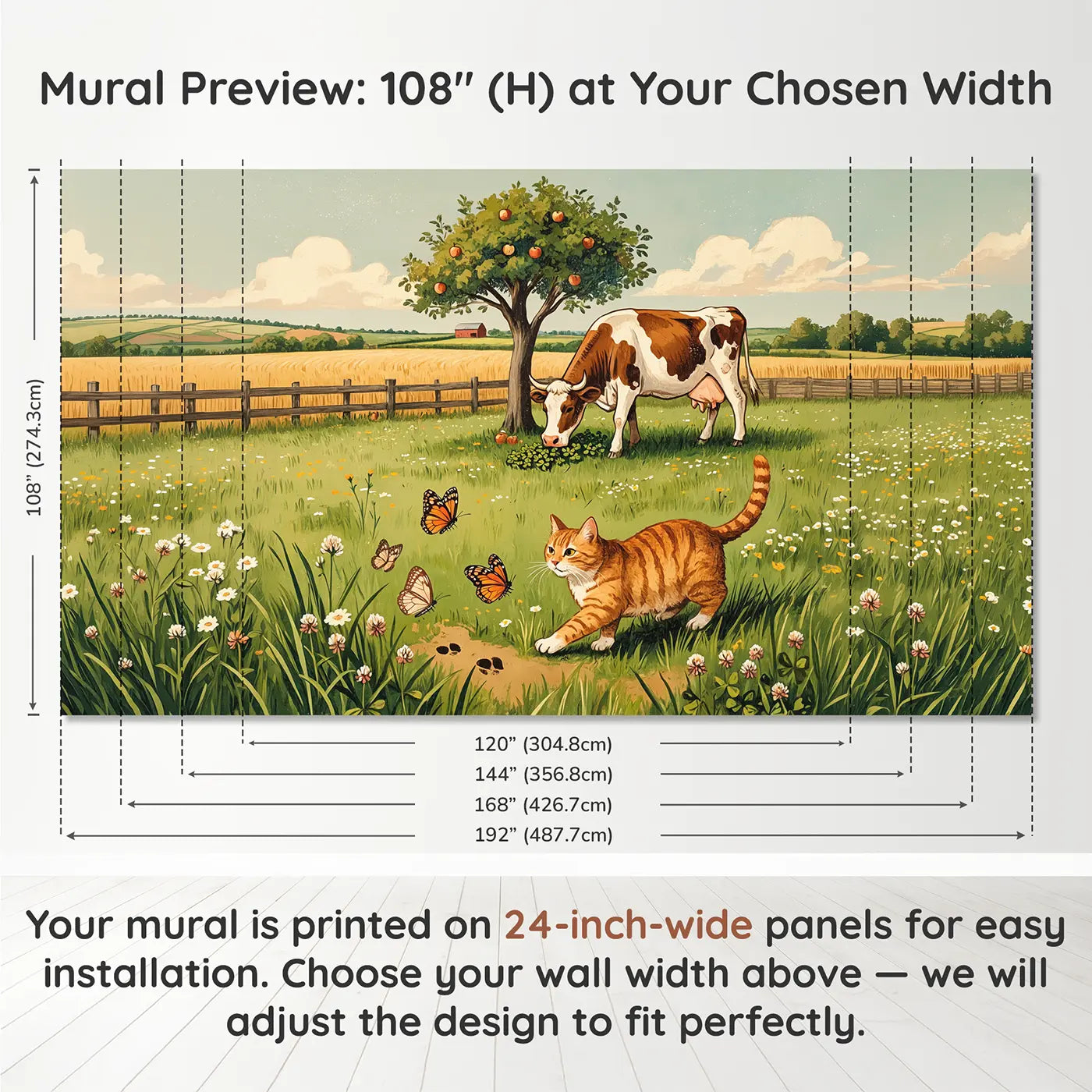 Panel layout and dimensions for Farm Cat Butterfly Chase Wallpaper Mural by Whimsy Tots
