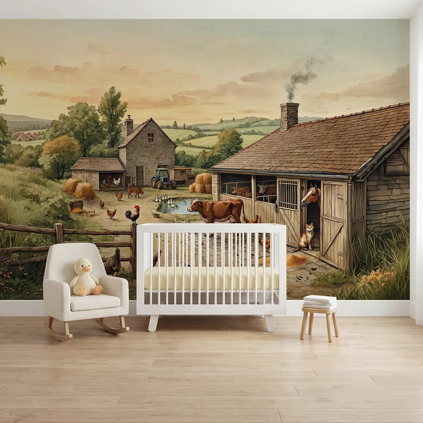 storybook busy farm morning chores wallpaper mural for kids room by Whimsy Tots