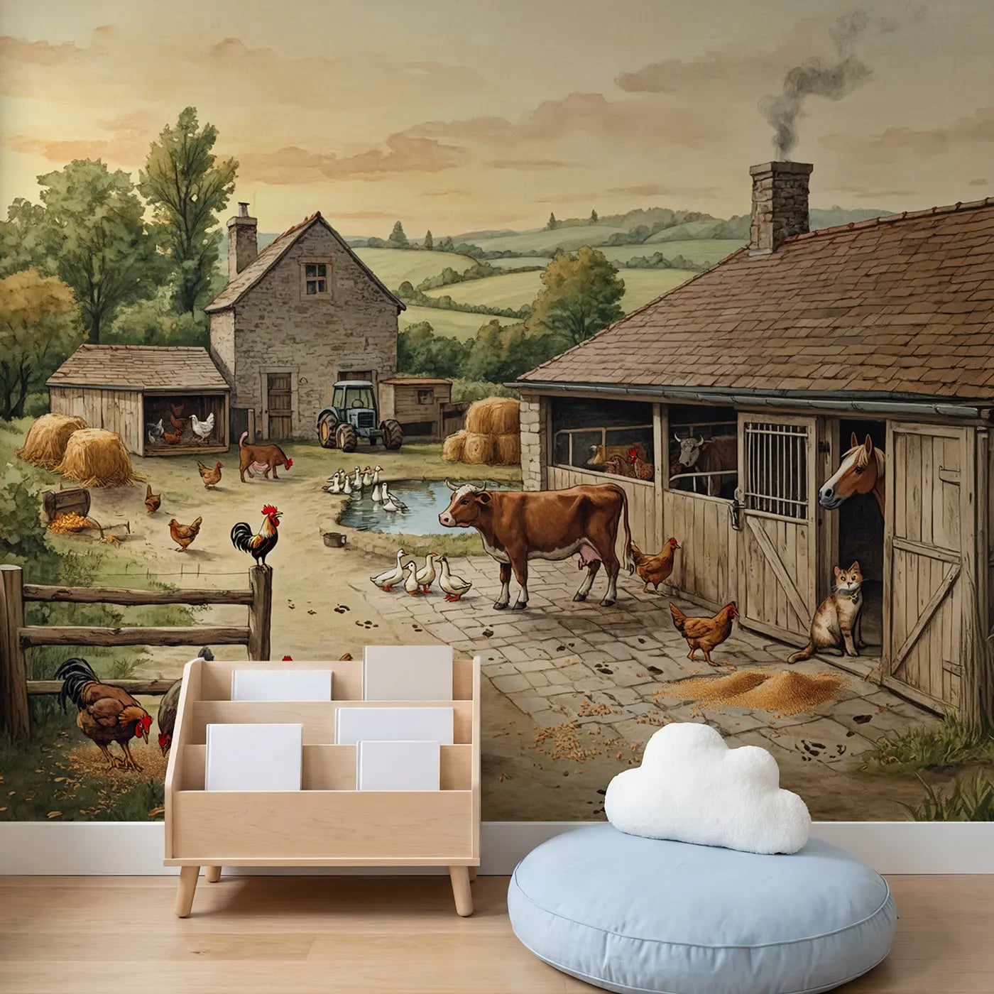 Child in nursery with Busy Farm Morning Chores Wallpaper Mural by Whimsy Tots