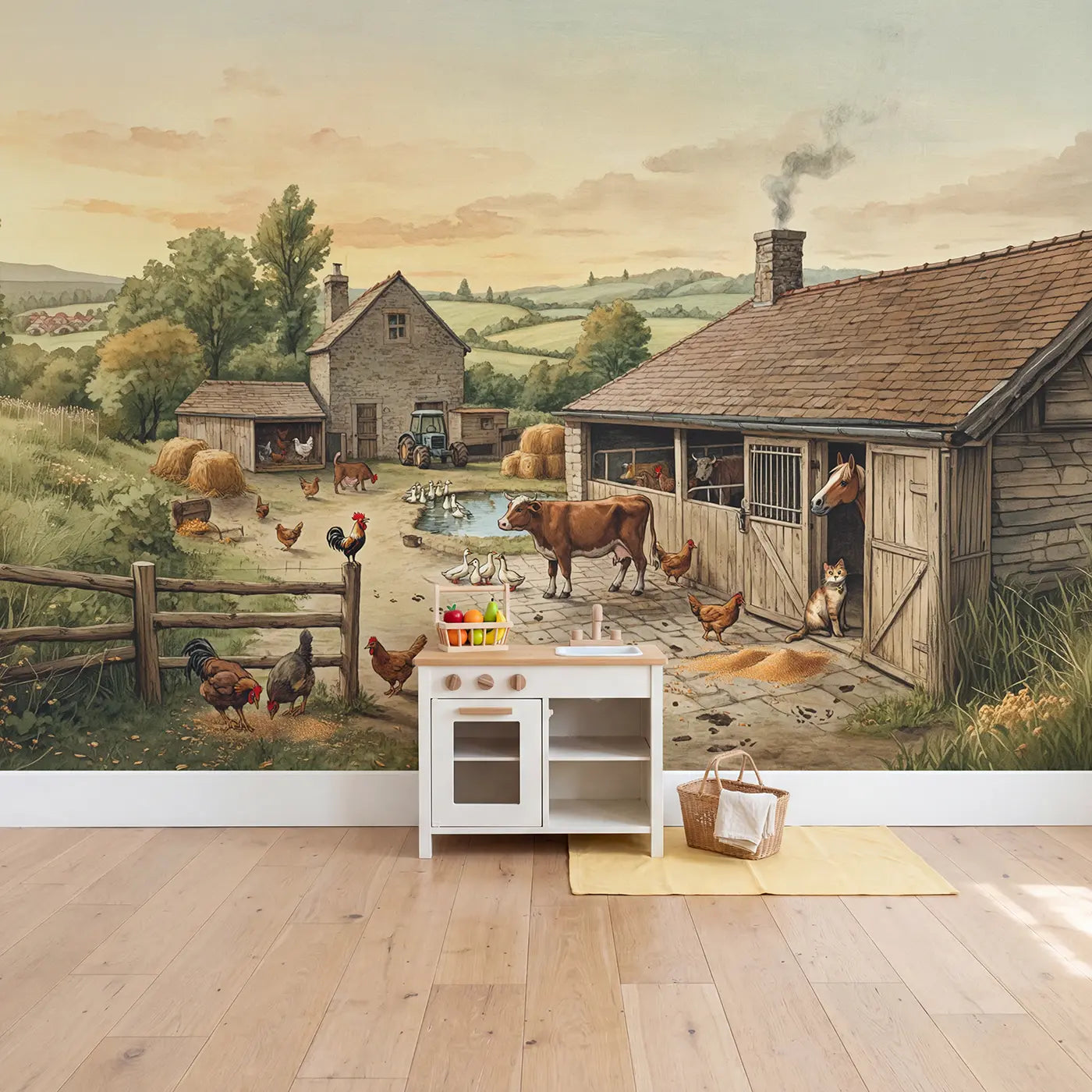 Busy Farm Morning Chores Wallpaper Mural in playroom setting by Whimsy Tots