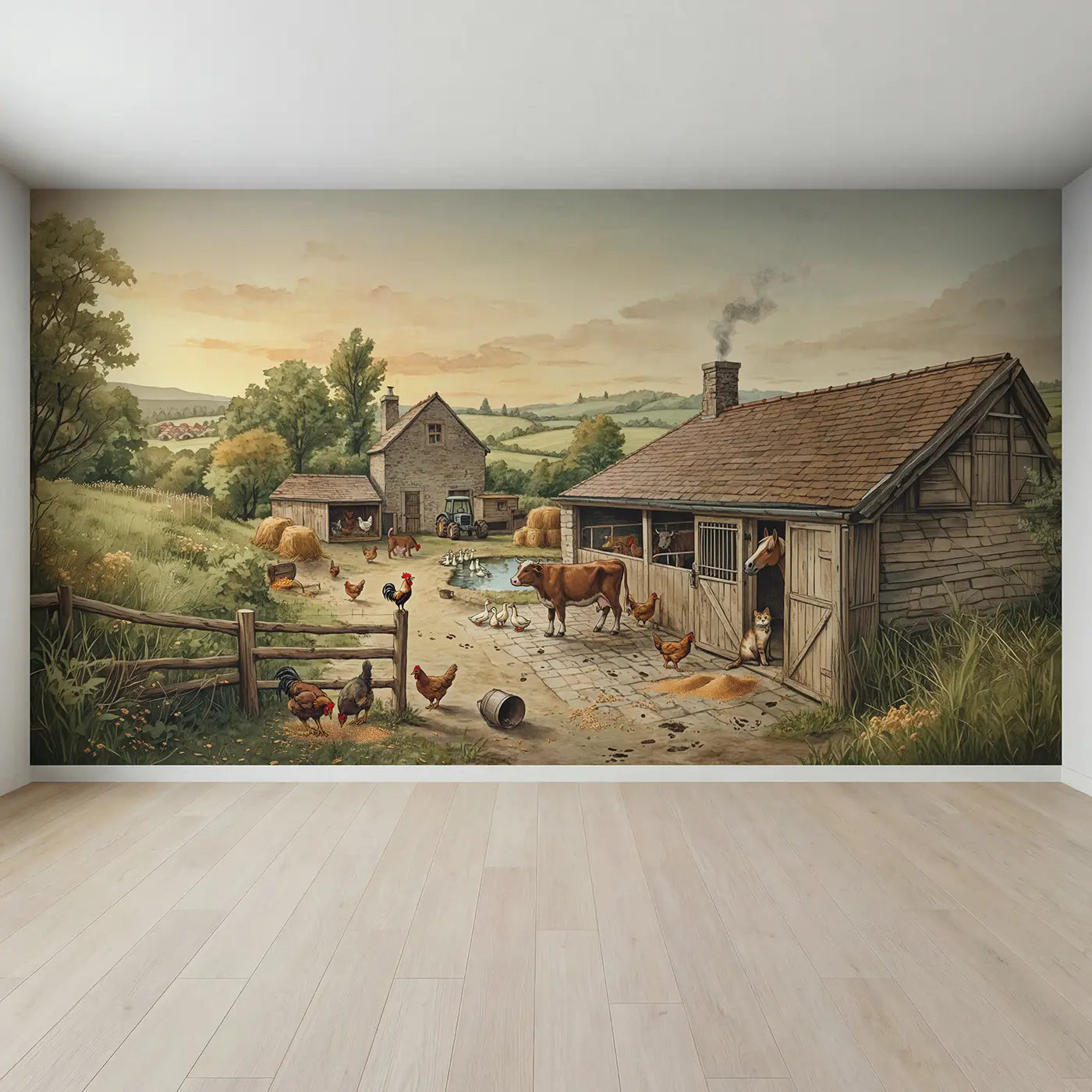 Full view of Busy Farm Morning Chores Wallpaper Mural by Whimsy Tots