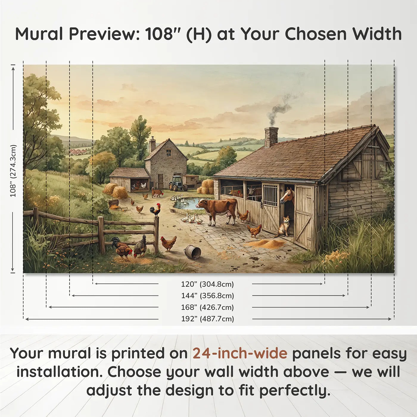 Panel layout and dimensions for Busy Farm Morning Chores Wallpaper Mural by Whimsy Tots
