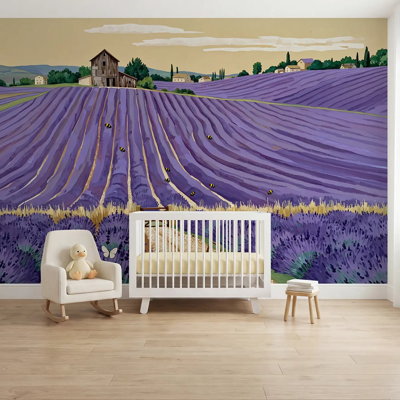 Modern illustration lavender farm rows barn wallpaper mural for kids room by Whimsy Tots