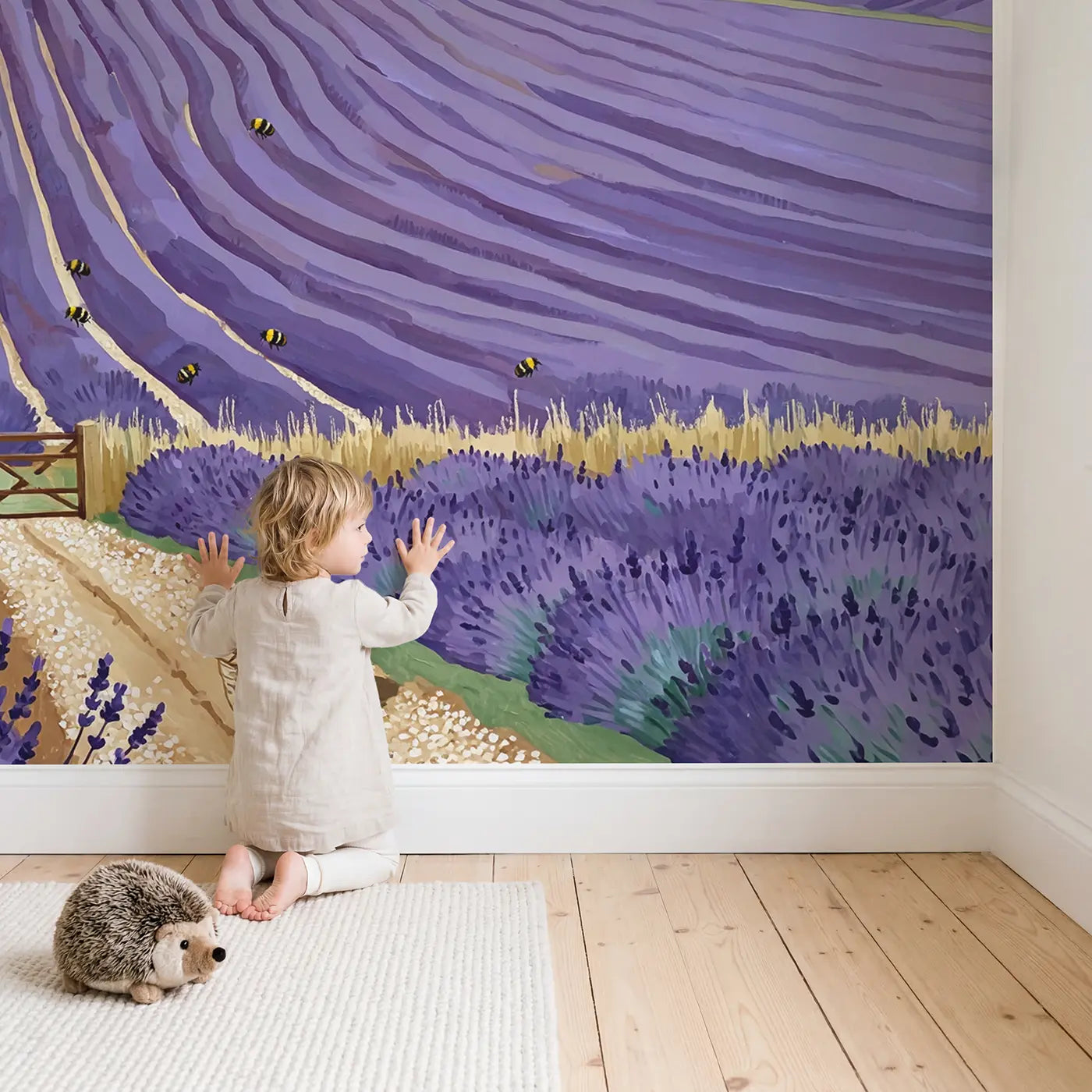 Child in nursery with Lavender Farm Rows Wallpaper Mural by Whimsy Tots