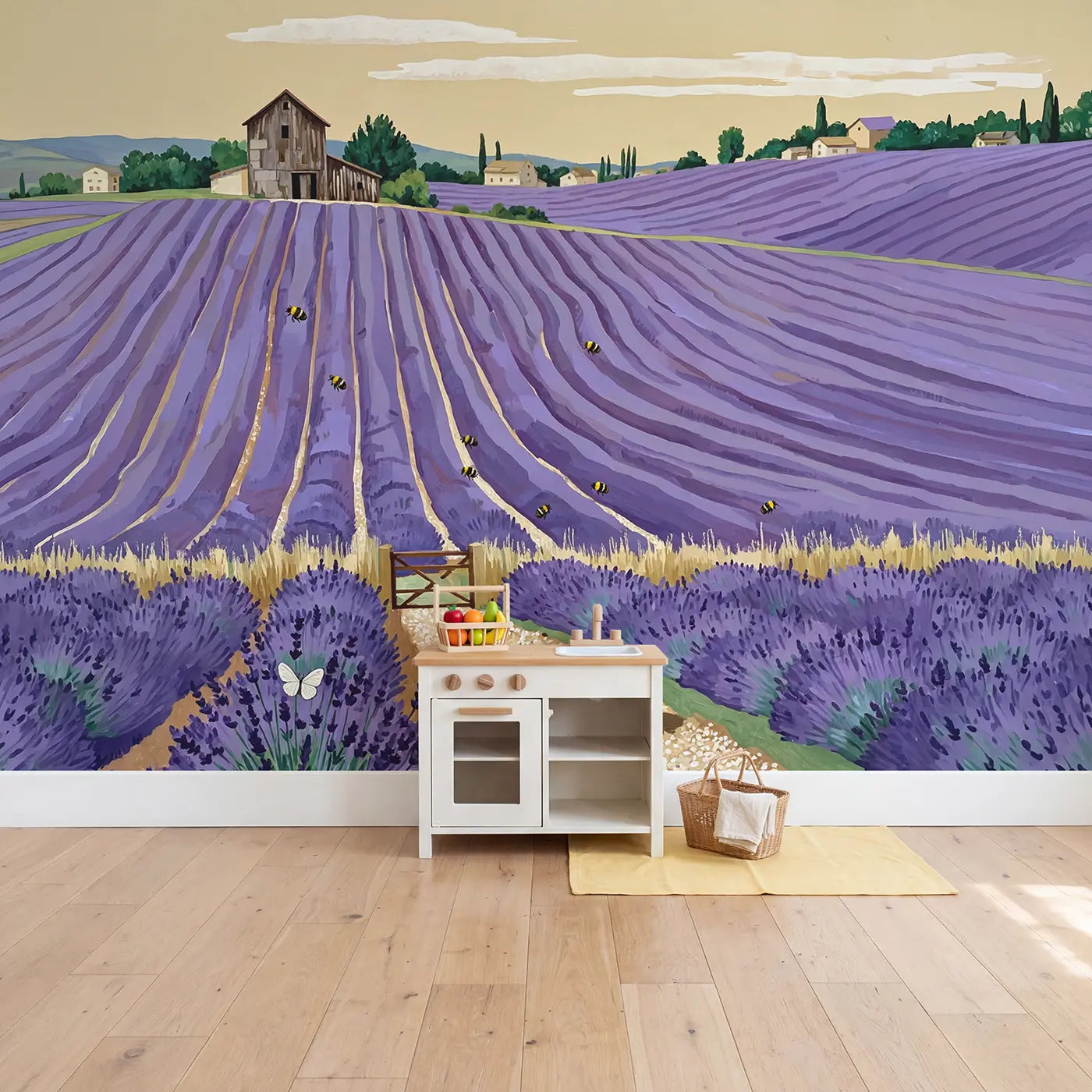 Lavender Farm Rows Wallpaper Mural in playroom setting by Whimsy Tots