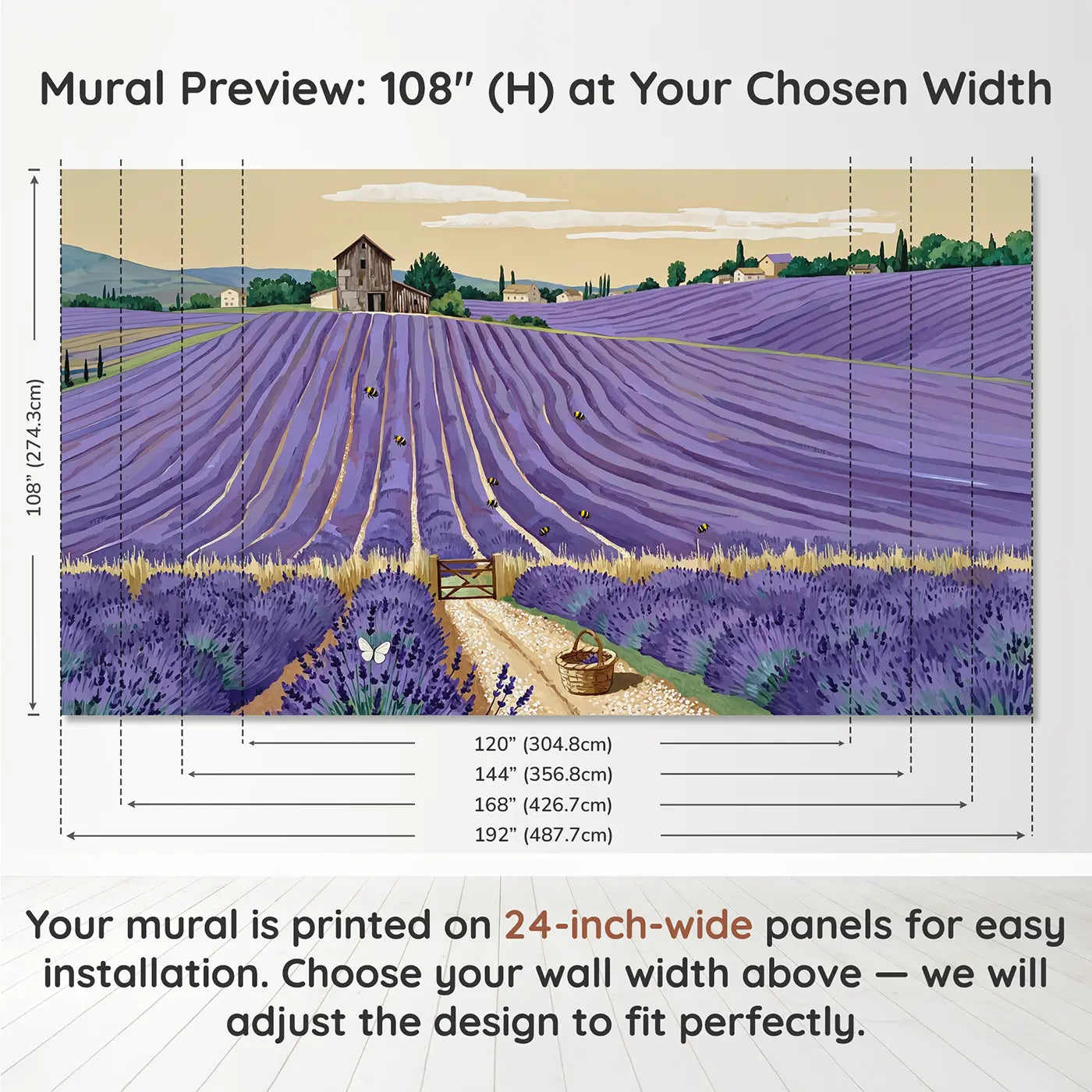 Panel layout and dimensions for Lavender Farm Rows Wallpaper Mural by Whimsy Tots