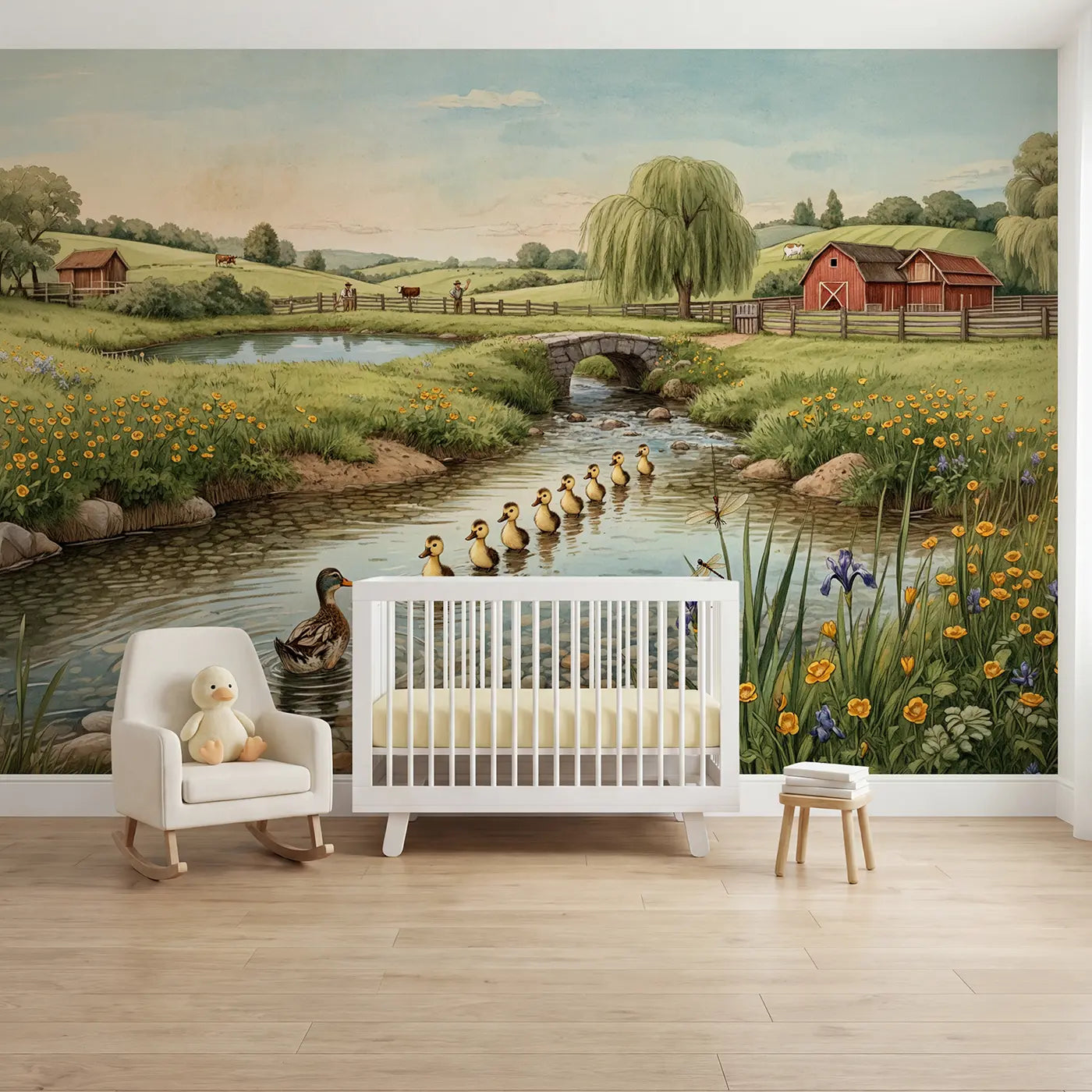 Storybook duck family on farm stream countryside barn wallpaper mural for nursery by Whimsy Tots