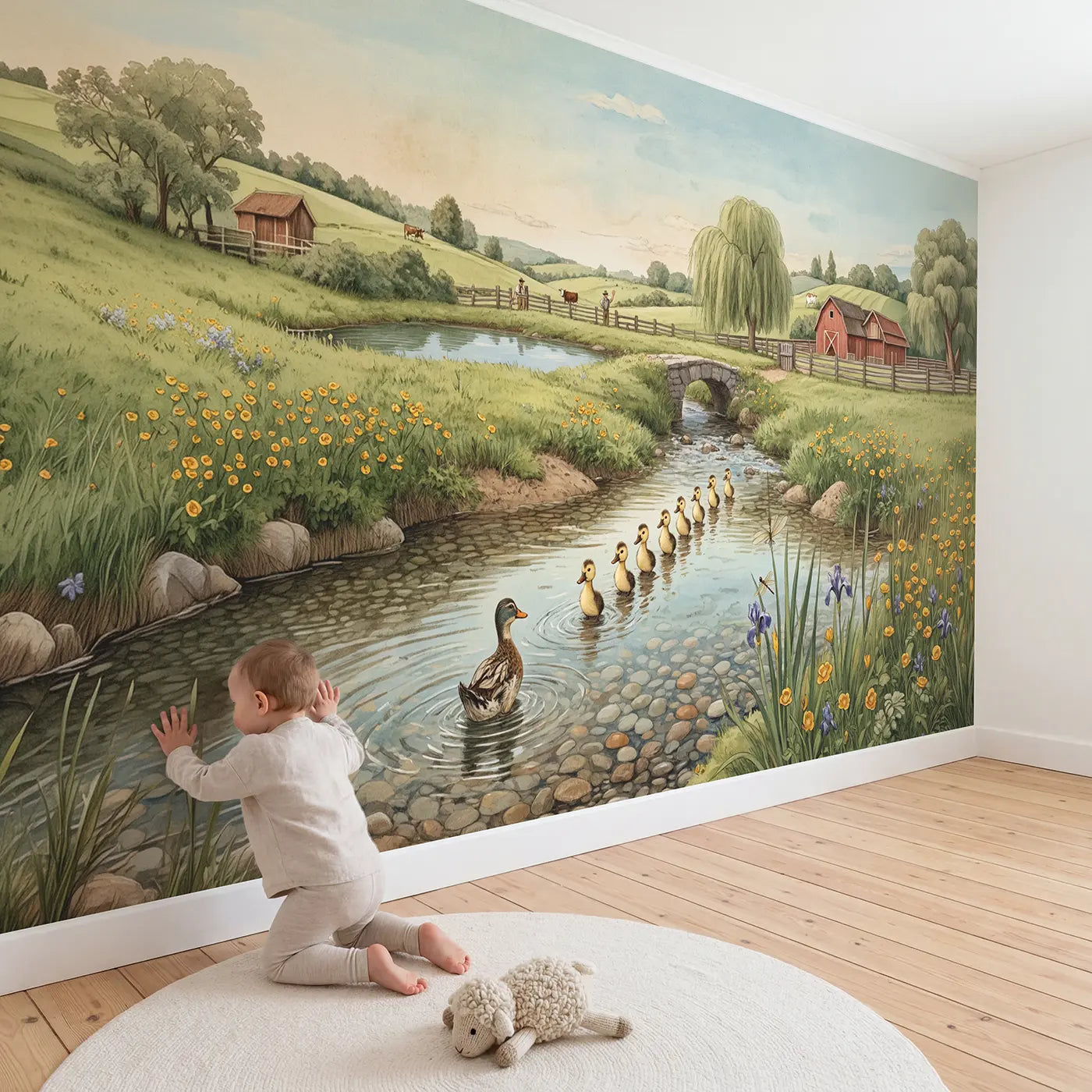 Child in nursery with Duck Family Farm Stream Wallpaper Mural by Whimsy Tots