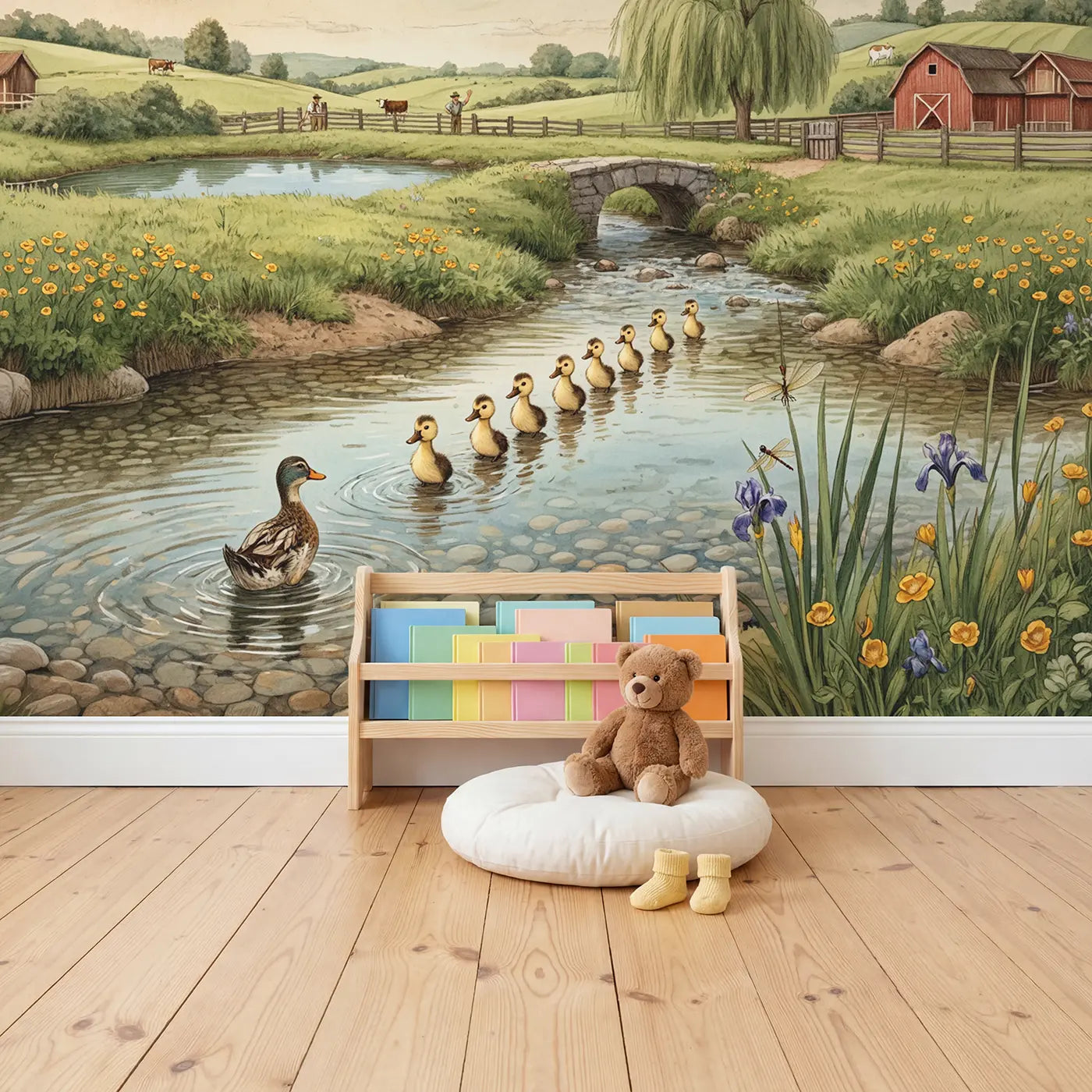 Duck Family Farm Stream Wallpaper Mural in playroom setting by Whimsy Tots