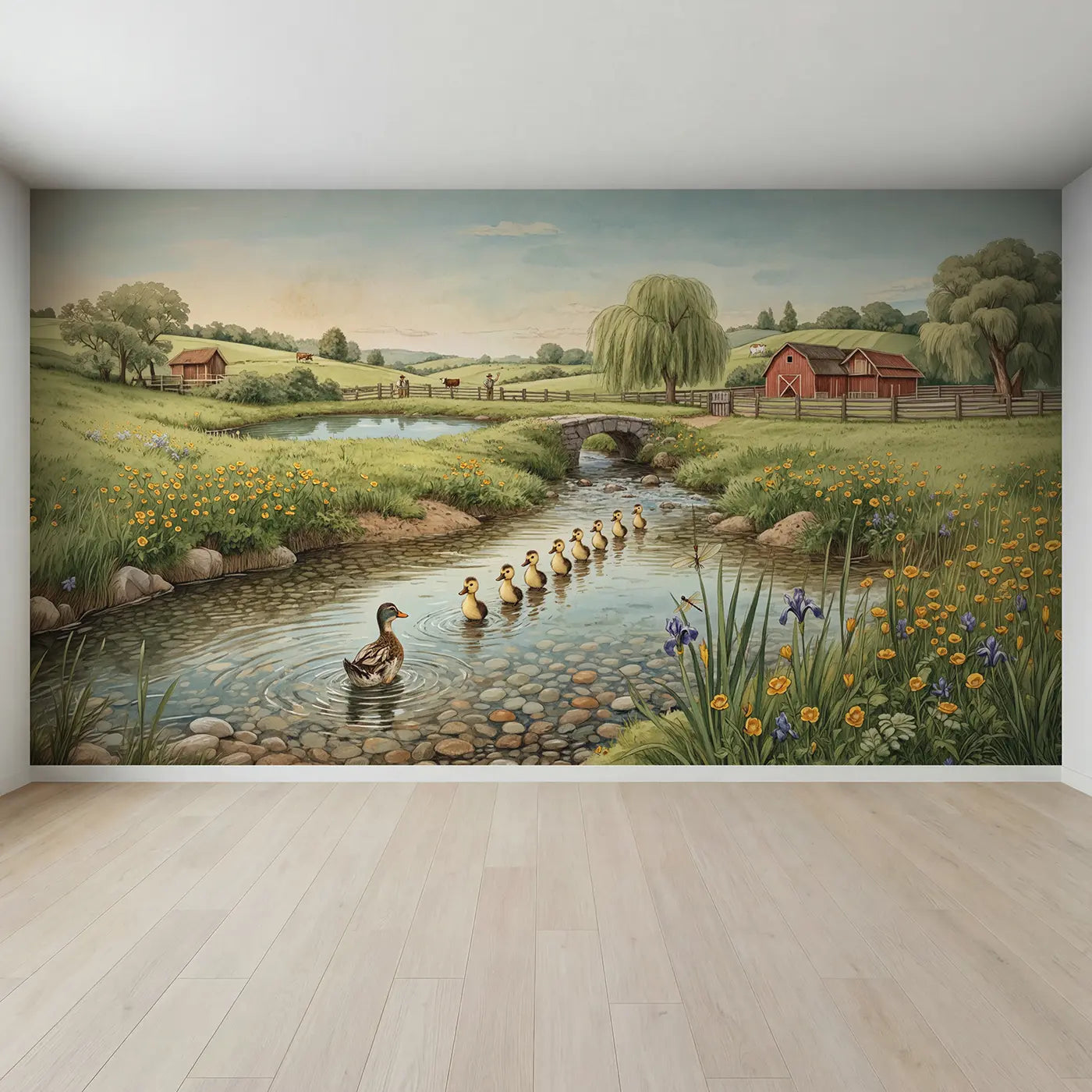 Full view of Duck Family Farm Stream Wallpaper Mural by Whimsy Tots