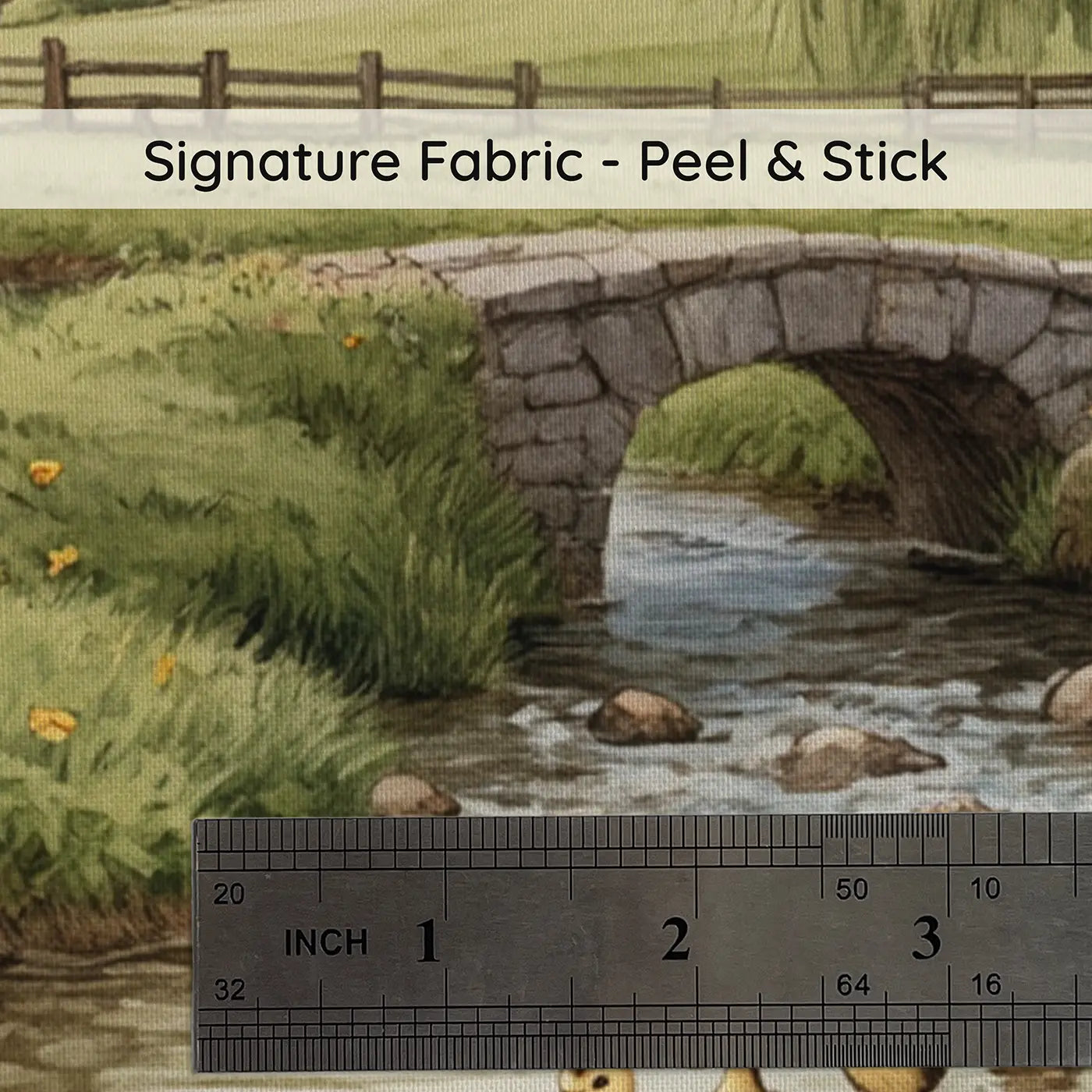 Fabric texture close-up of Duck Family Farm Stream Wallpaper Mural by Whimsy Tots