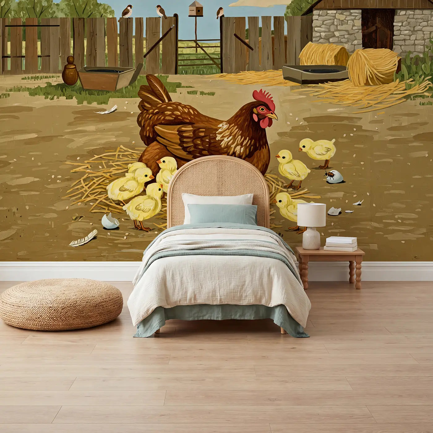 Modern illustration mother hen chicks barnyard wallpaper mural for kids room by Whimsy Tots