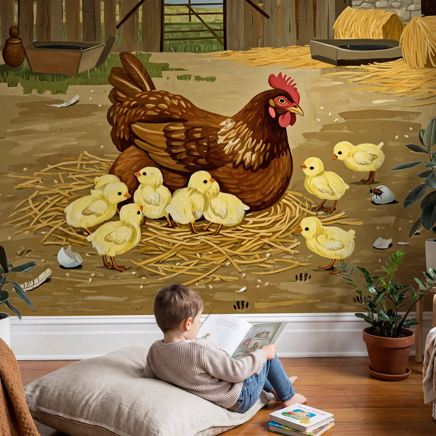 Child in nursery with Mother Hen and Chicks Wallpaper Mural by Whimsy Tots