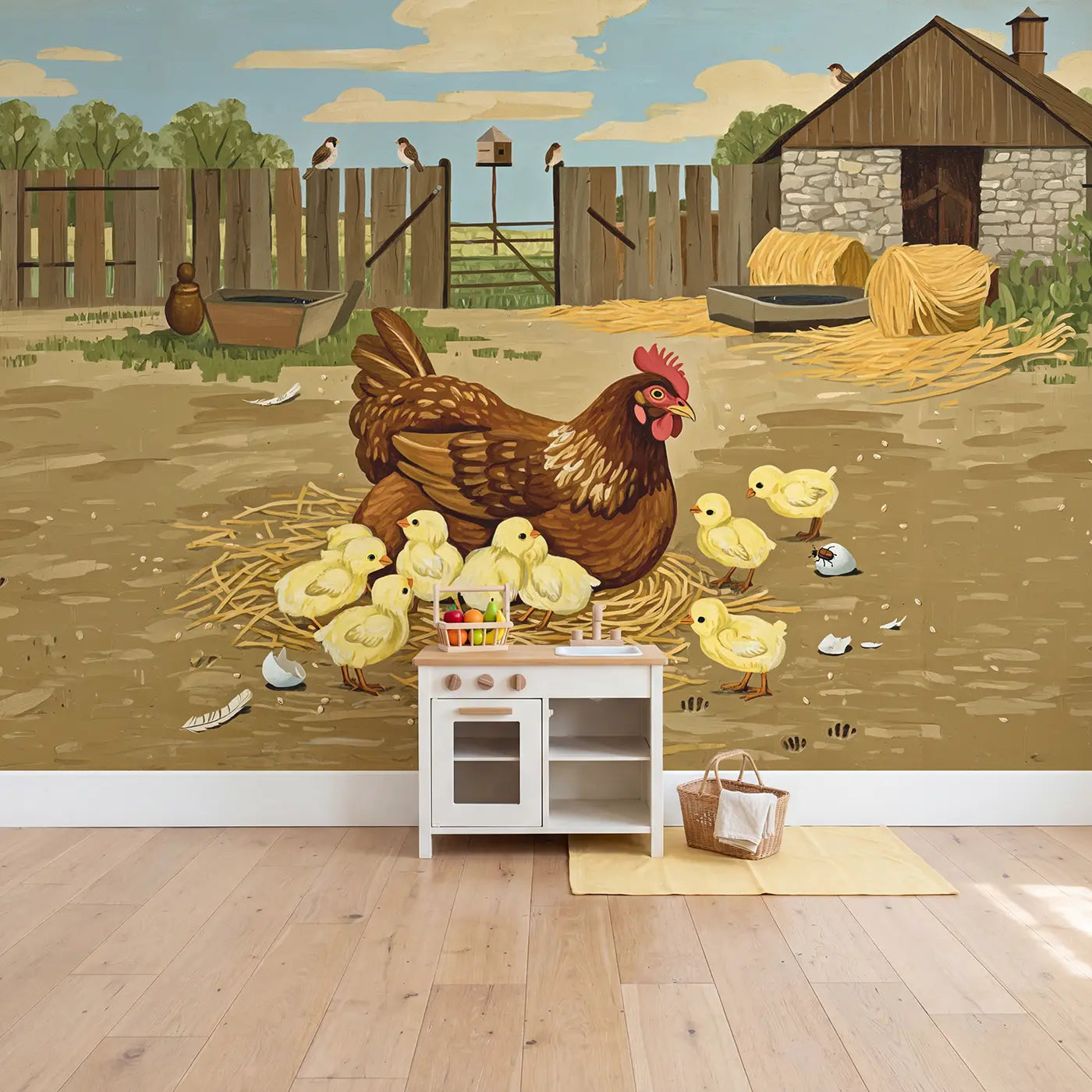Mother Hen and Chicks Wallpaper Mural in playroom setting by Whimsy Tots