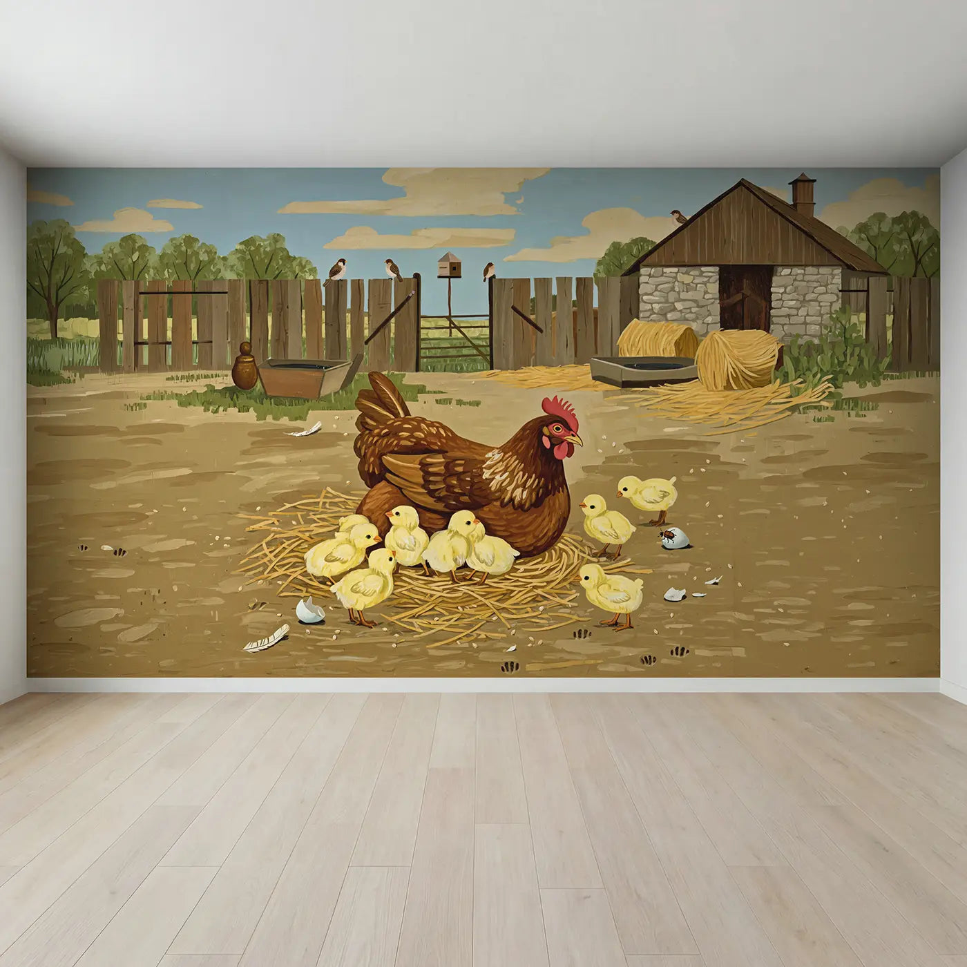 Full view of Mother Hen and Chicks Wallpaper Mural by Whimsy Tots
