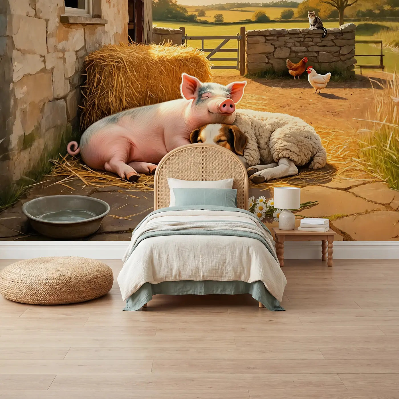 Soft pastel pig countryside wallpaper mural for kids room by Whimsy Tots
