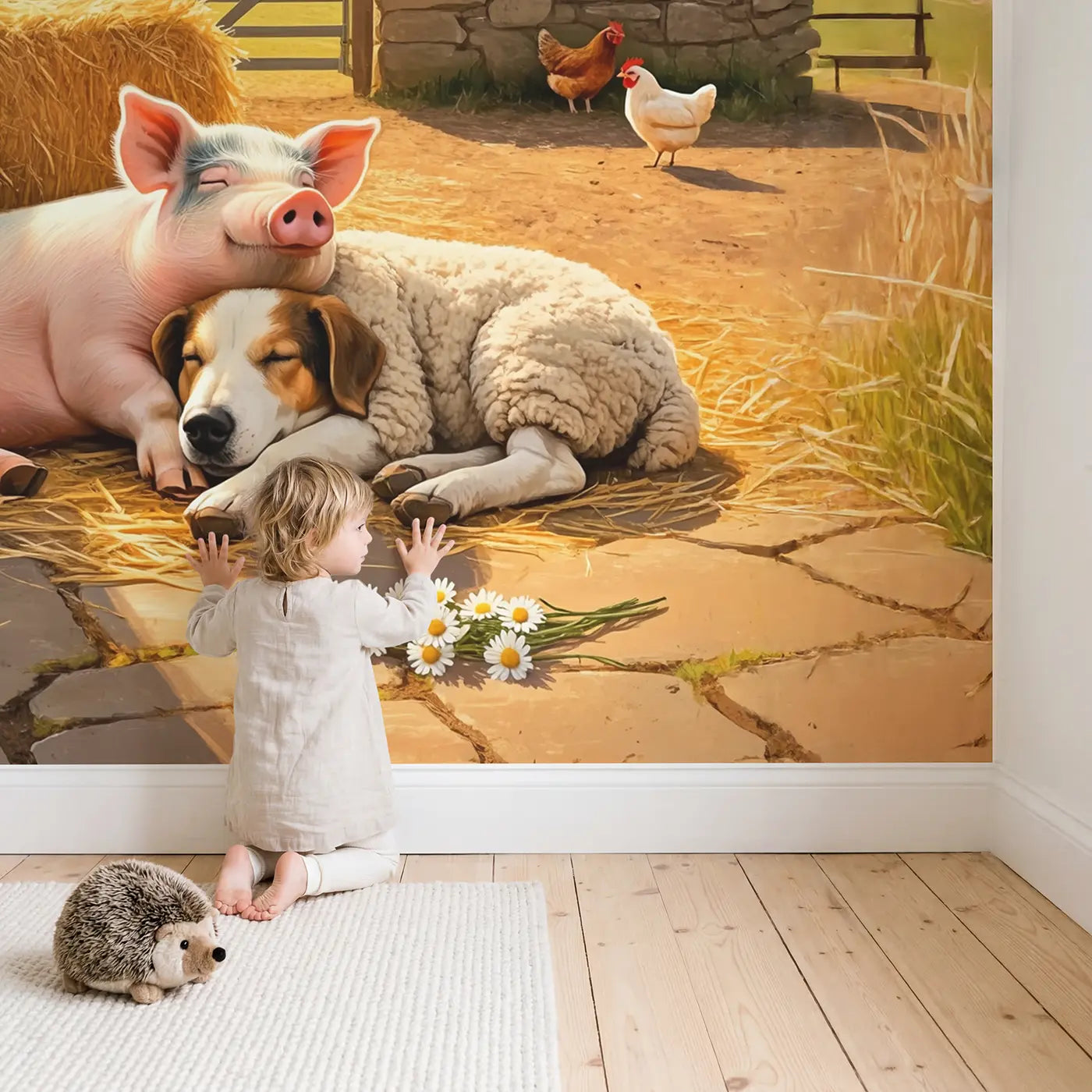 Child in nursery with Farm Friends Afternoon Nap Wallpaper Mural by Whimsy Tots