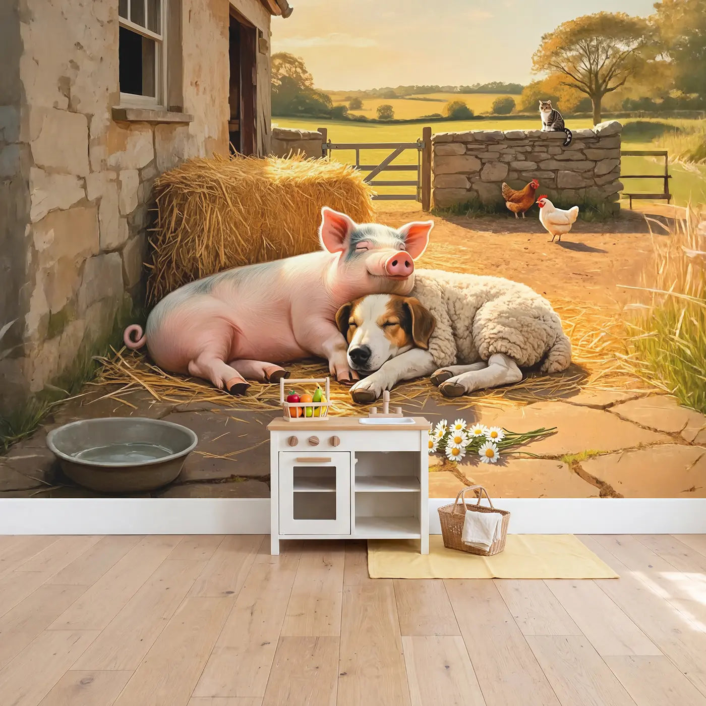 Farm Friends Afternoon Nap Wallpaper Mural in playroom setting by Whimsy Tots