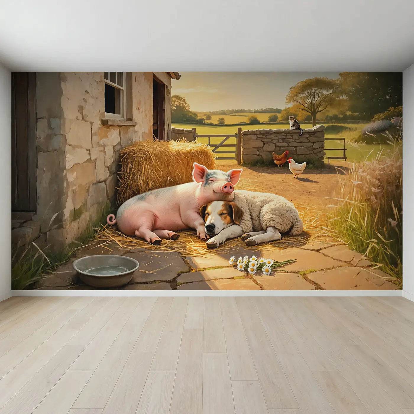 Full view of Farm Friends Afternoon Nap Wallpaper Mural by Whimsy Tots