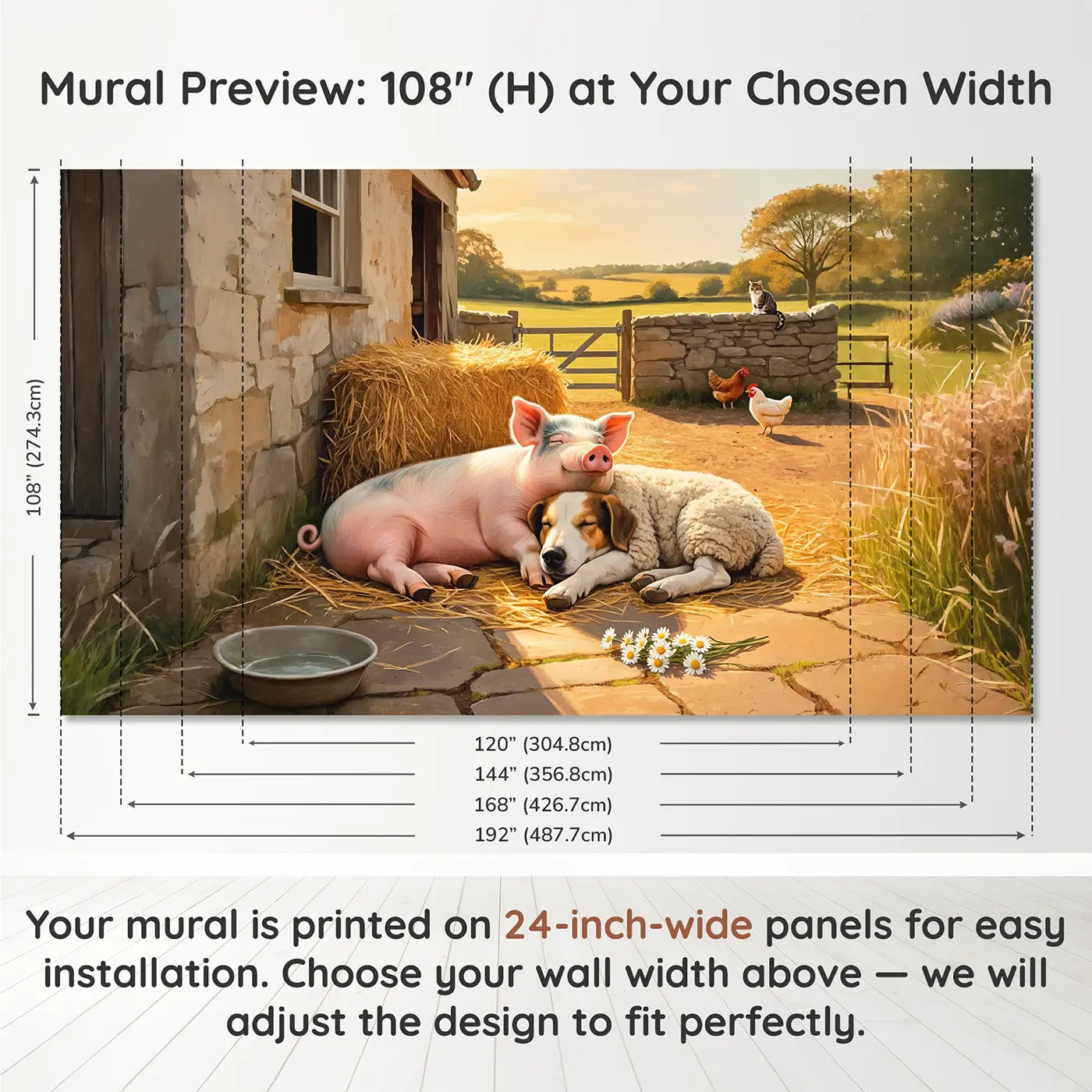 Panel layout and dimensions for Farm Friends Afternoon Nap Wallpaper Mural by Whimsy Tots