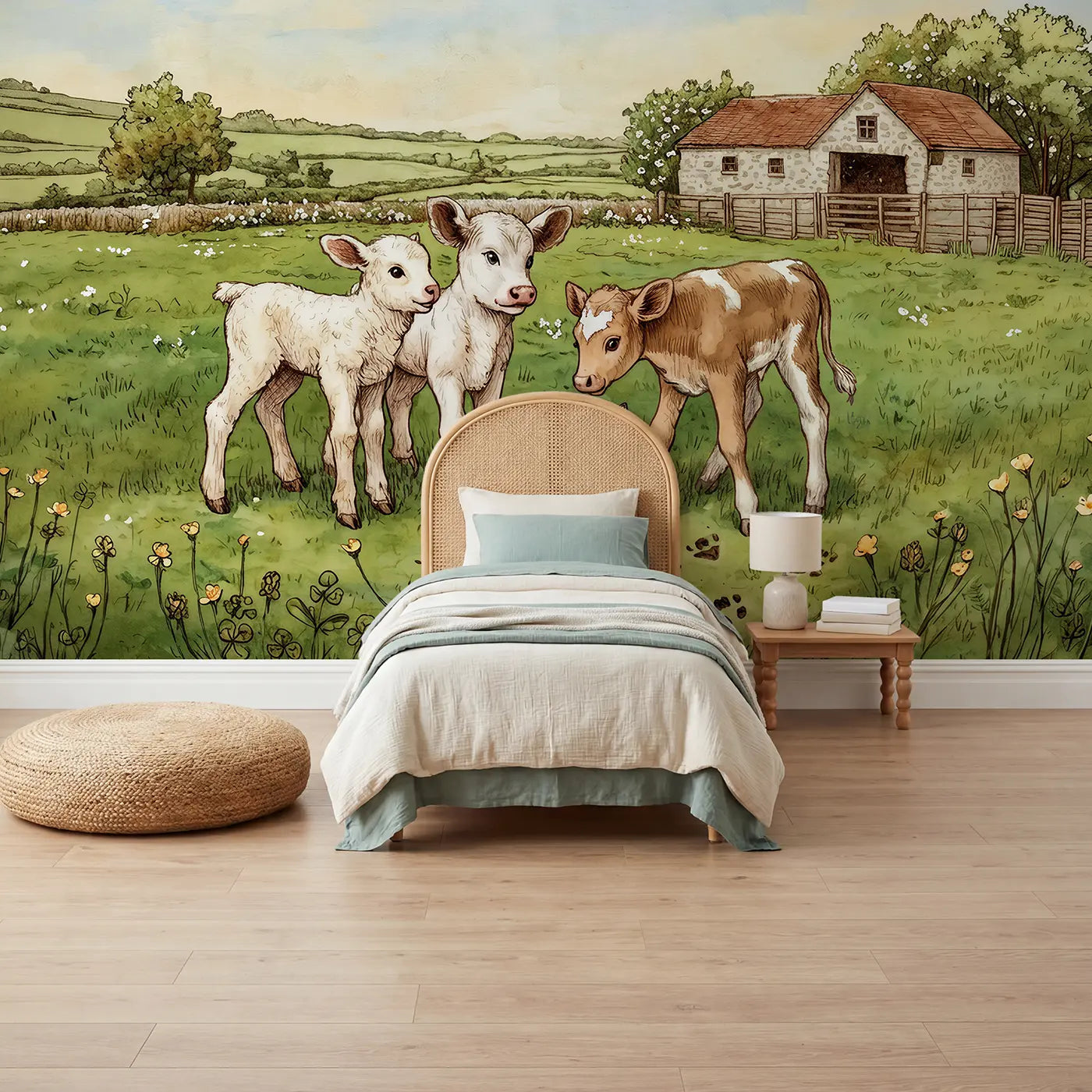 Storybook farm baby animals first day wallpaper mural for kids room by Whimsy Tots