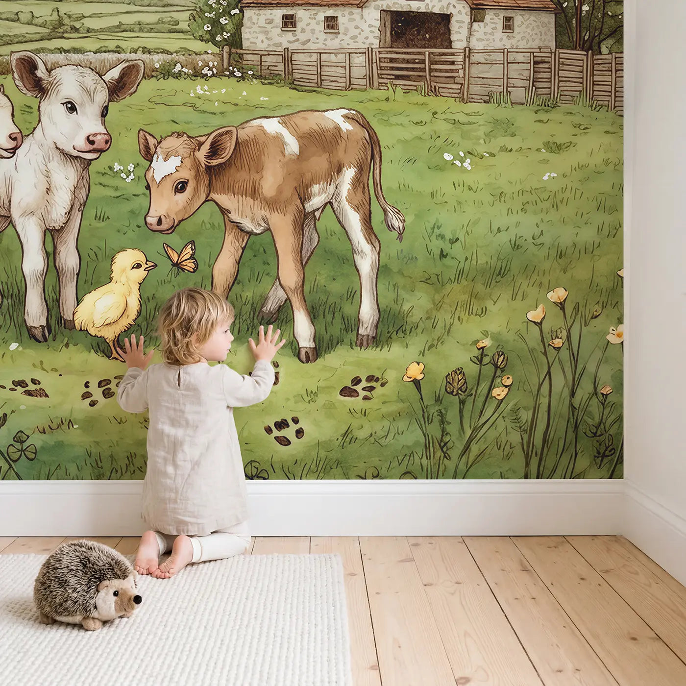 Child in nursery with Farm Baby Animals First Day Wallpaper Mural by Whimsy Tots