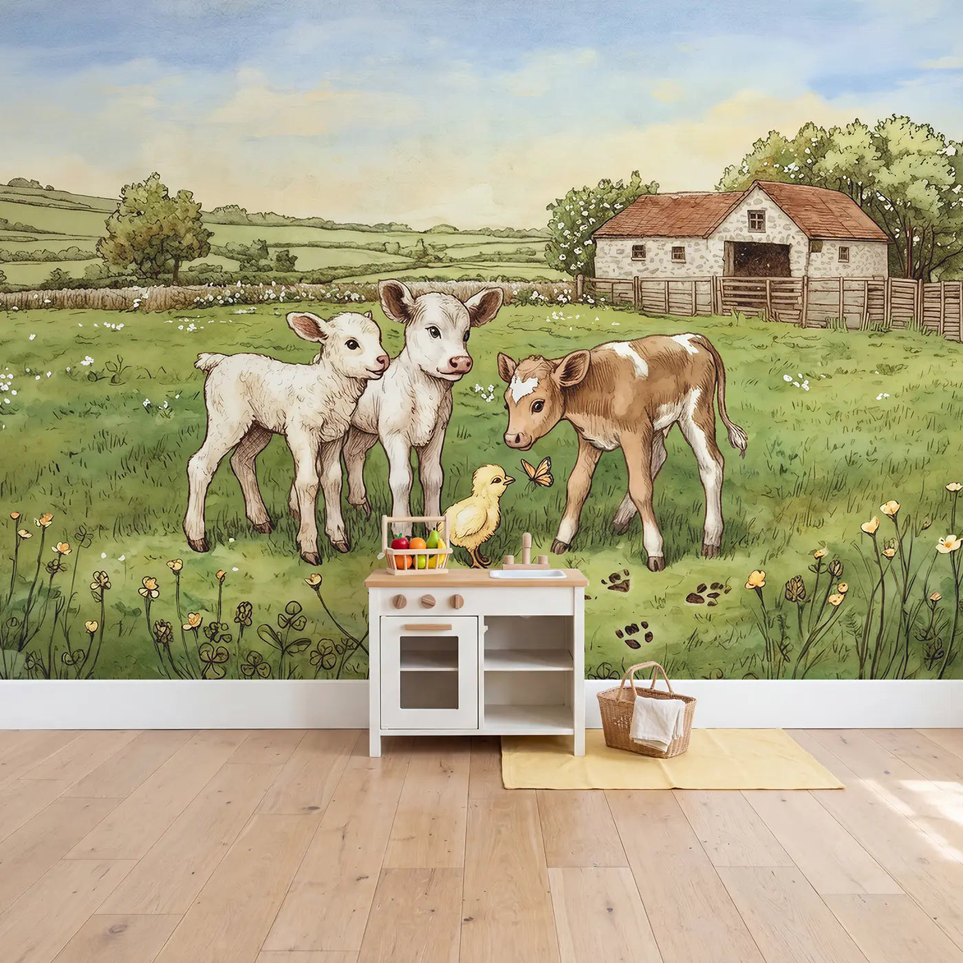 Farm Baby Animals First Day Wallpaper Mural in playroom setting by Whimsy Tots