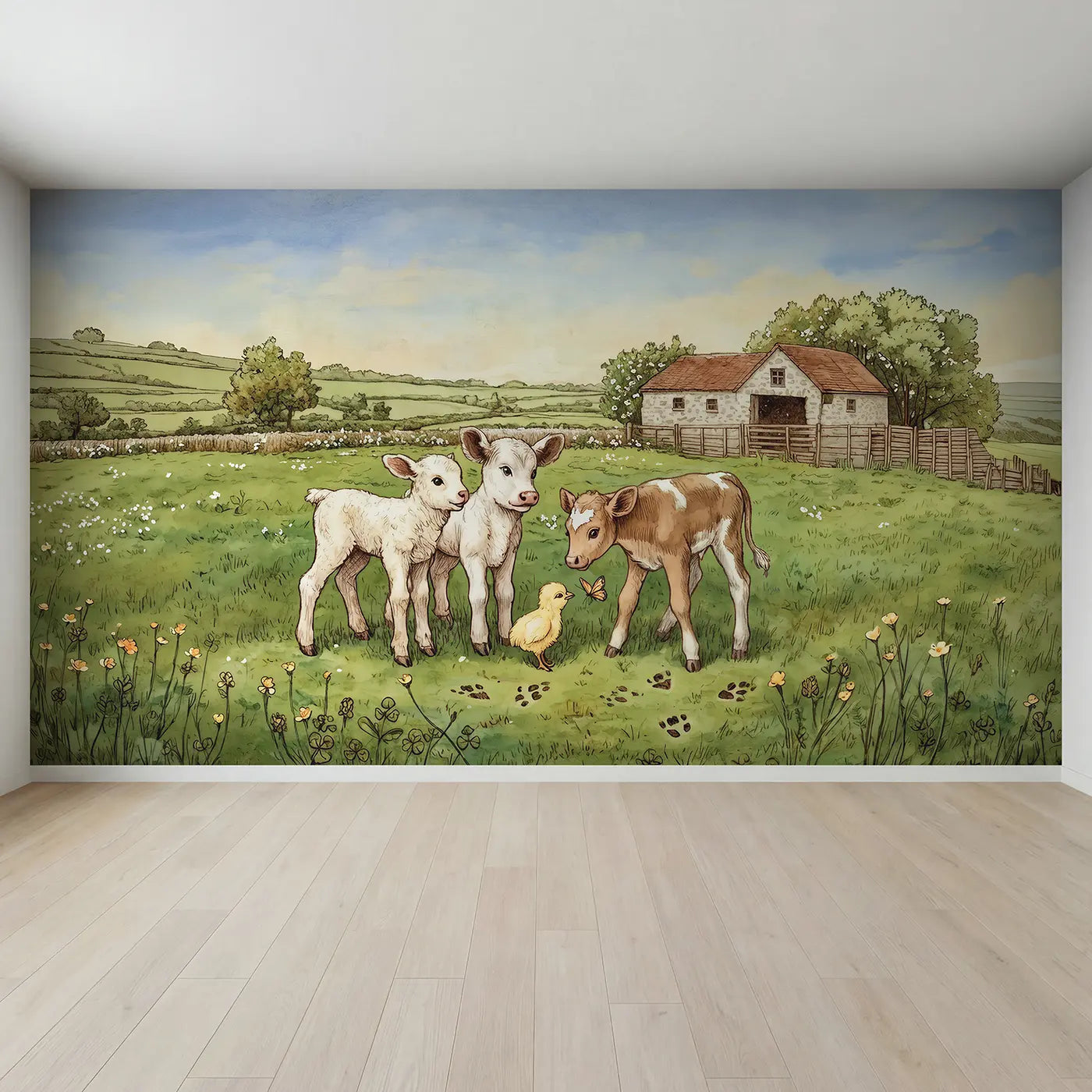 Full view of Farm Baby Animals First Day Wallpaper Mural by Whimsy Tots