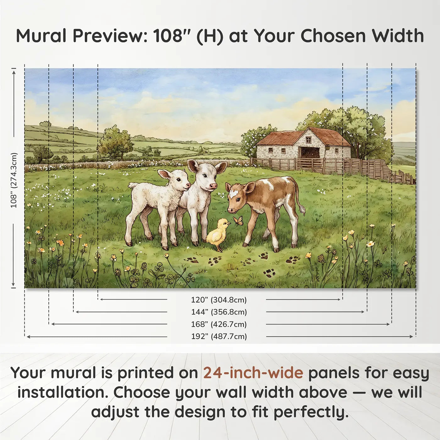 Panel layout and dimensions for Farm Baby Animals First Day Wallpaper Mural by Whimsy Tots