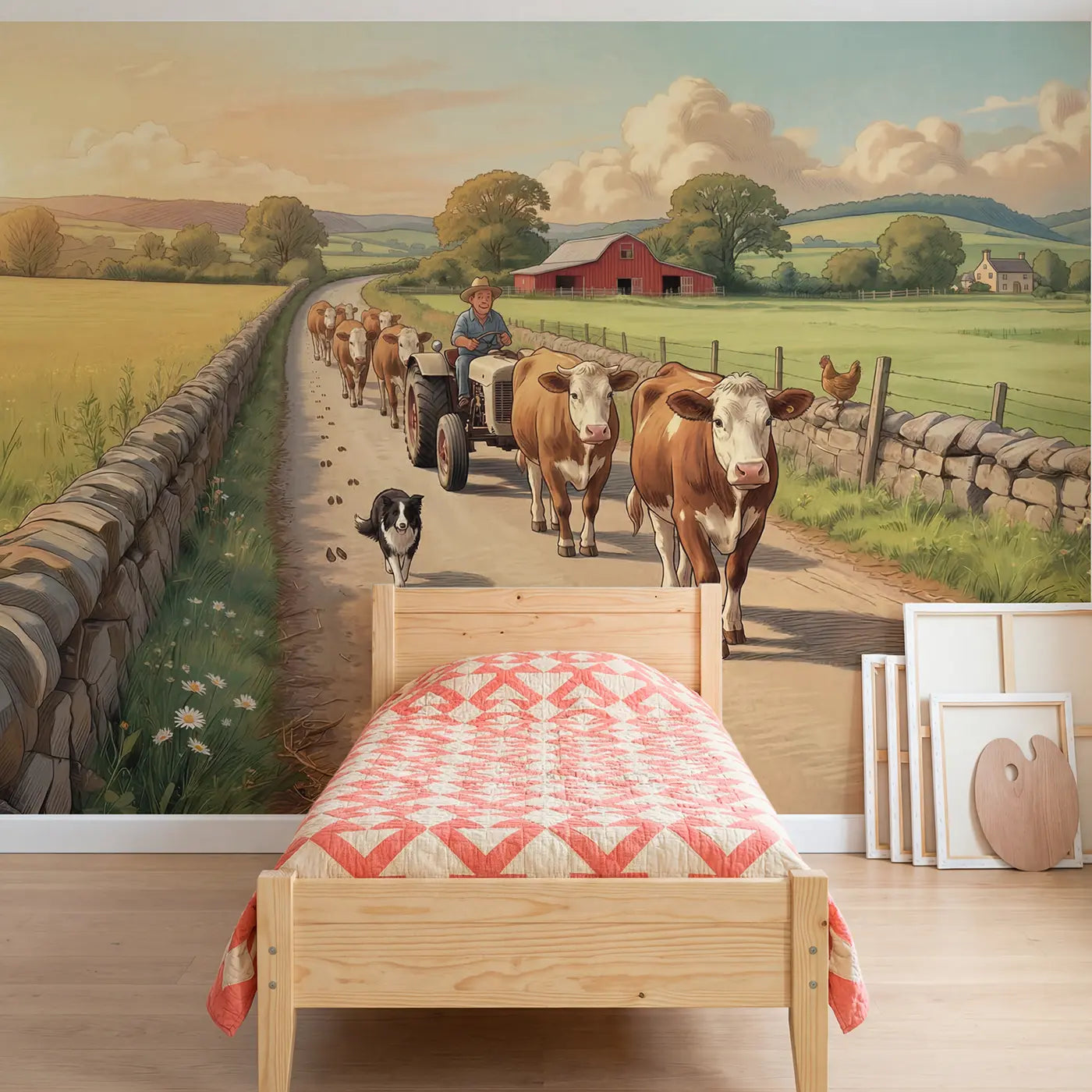 Soft pastel cows on country lane wallpaper mural for girls room by Whimsy Tots