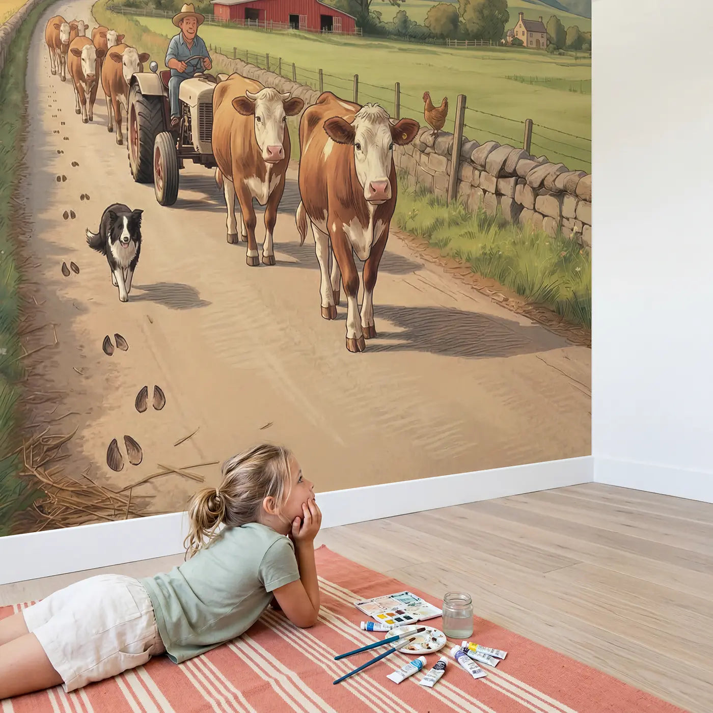 Child in nursery with Country Lane Cow Crossing Wallpaper Mural by Whimsy Tots