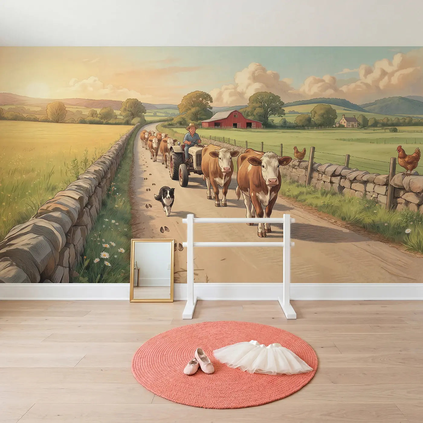 Country Lane Cow Crossing Wallpaper Mural in playroom setting by Whimsy Tots