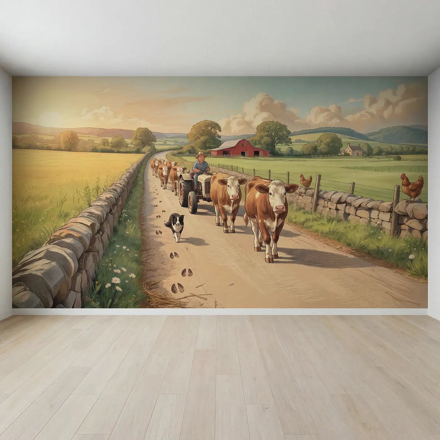 Full view of Country Lane Cow Crossing Wallpaper Mural by Whimsy Tots