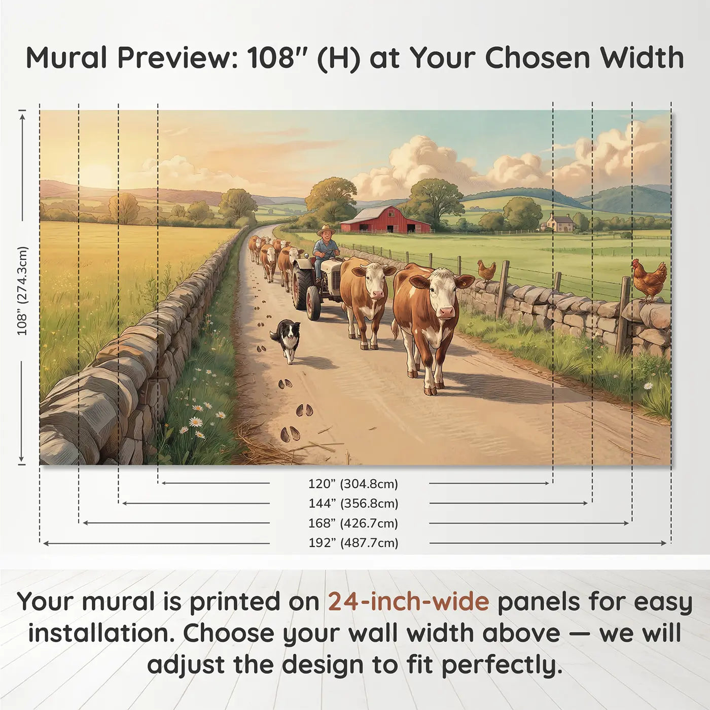 Panel layout and dimensions for Country Lane Cow Crossing Wallpaper Mural by Whimsy Tots