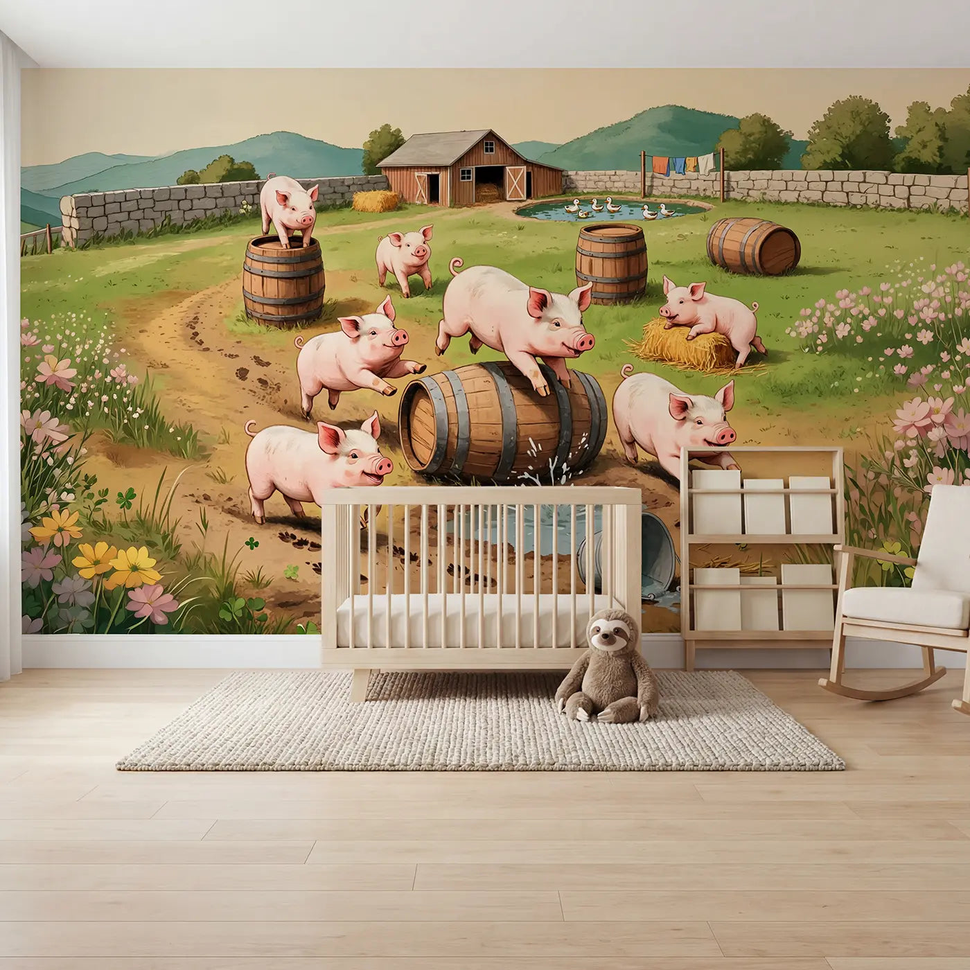 Soft pastel piglet barn hay barrel farm wallpaper mural for kids room by Whimsy Tots
