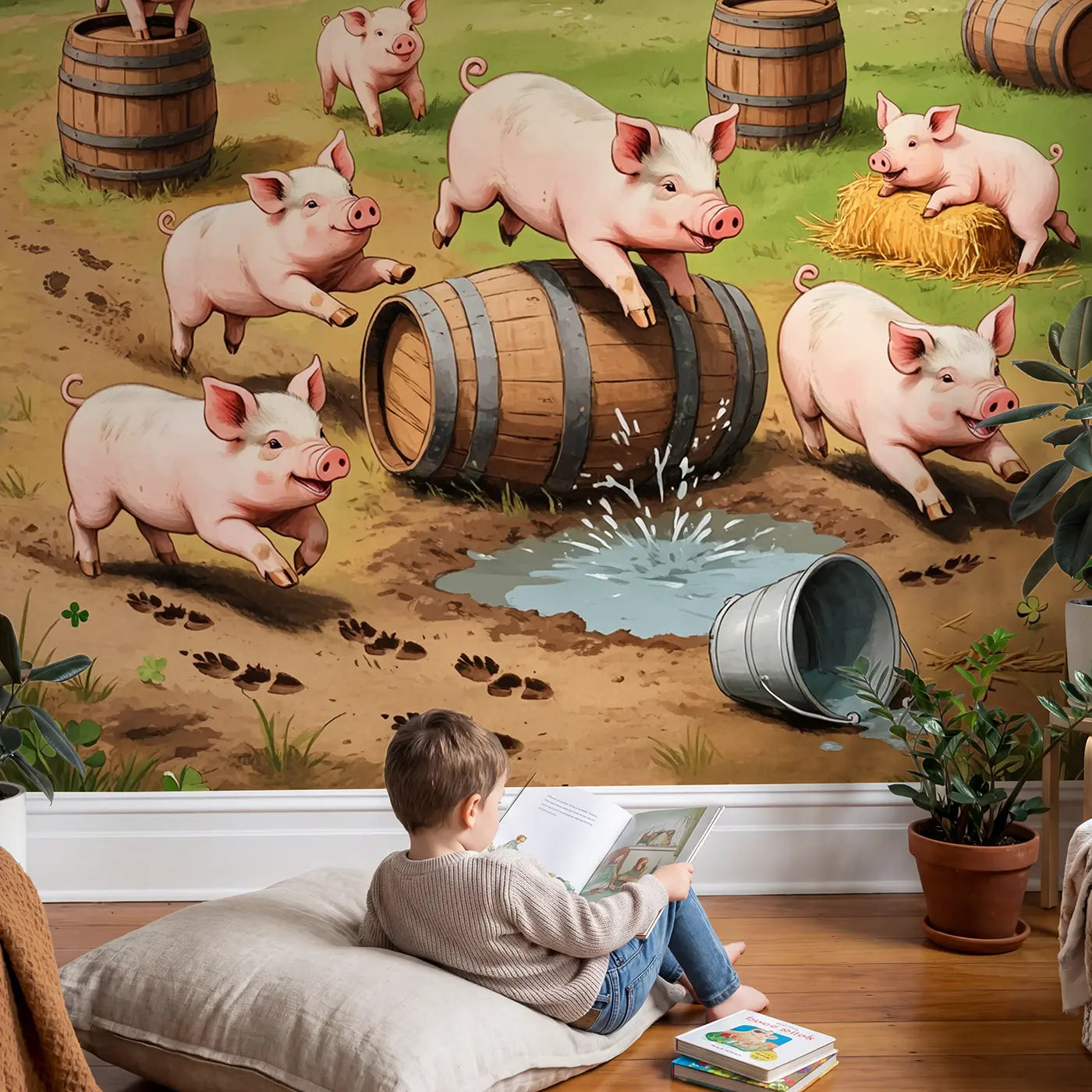 Child in nursery with Playful Piglet Barrel Race Wallpaper Mural by Whimsy Tots