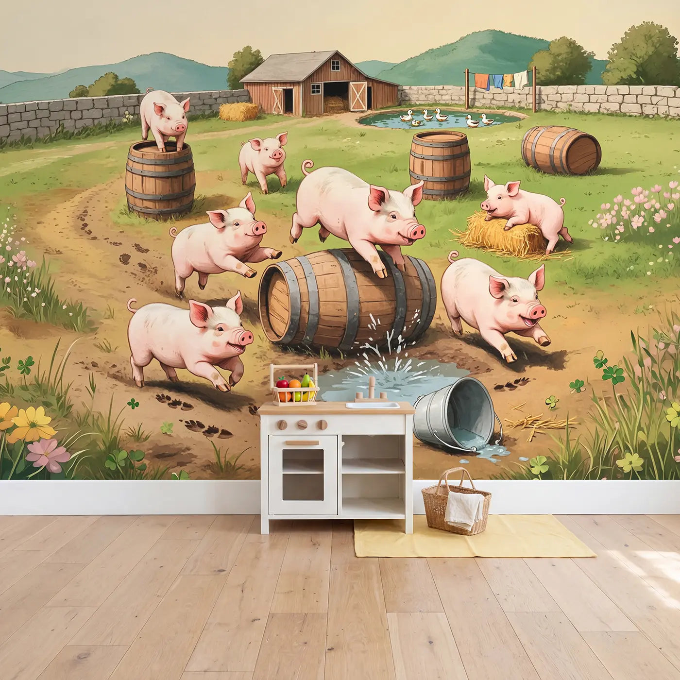 Playful Piglet Barrel Race Wallpaper Mural in playroom setting by Whimsy Tots