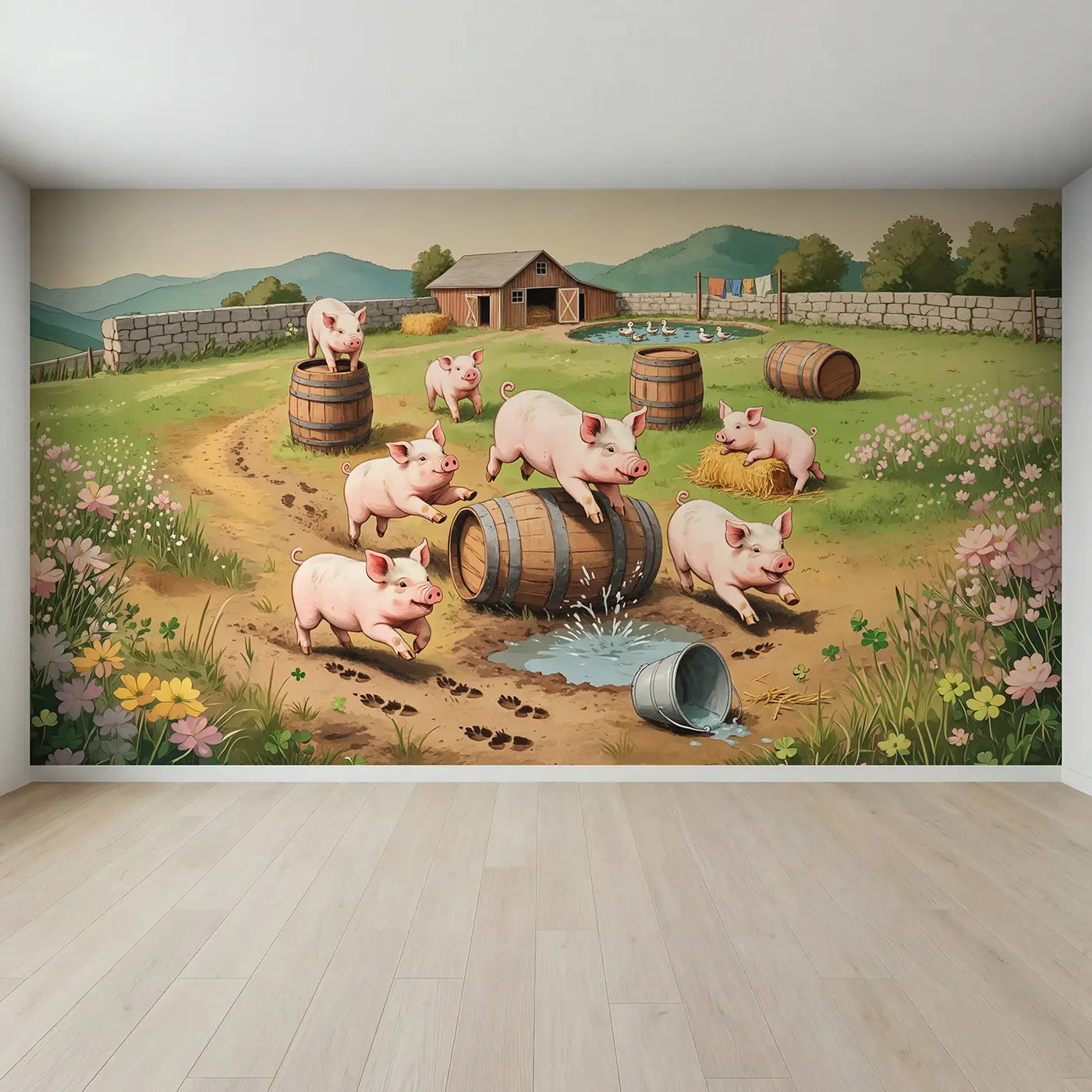 Full view of Playful Piglet Barrel Race Wallpaper Mural by Whimsy Tots