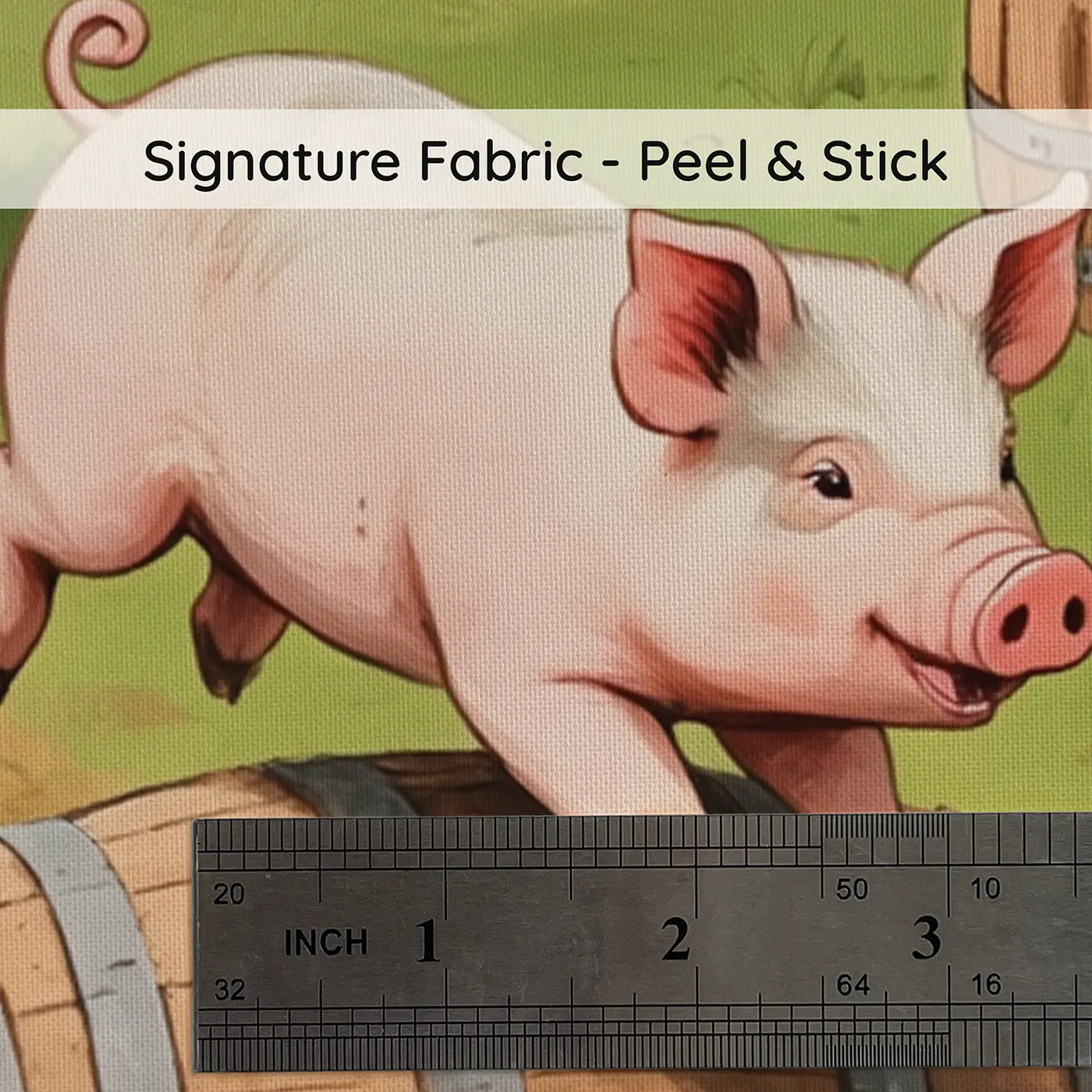 Fabric texture close-up of Playful Piglet Barrel Race Wallpaper Mural by Whimsy Tots
