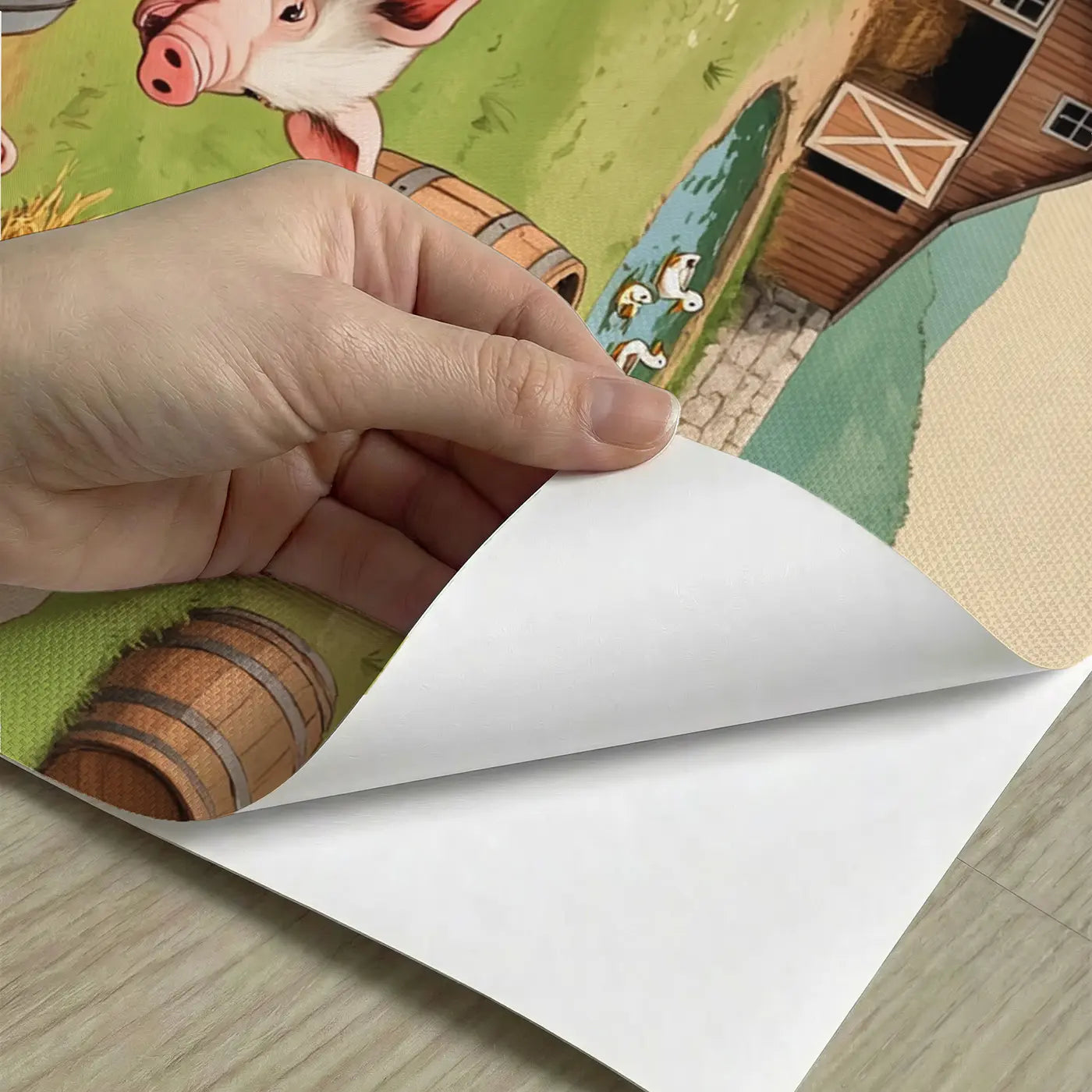Peel-and-stick detail of Playful Piglet Barrel Race Wallpaper Mural by Whimsy Tots